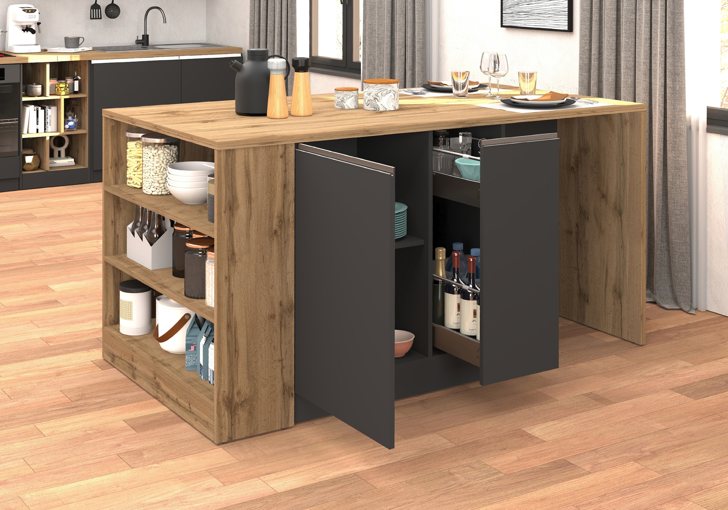 KOCHSTATION Kücheninsel »KS-Sole, Kochinsel, Küchenarbeitsblock, Arbeitsinsel, Made in Italy«, Breite 167,5 cm, 2 Apothekerauszüge, 2 Essplätze, 1 offenes Regal