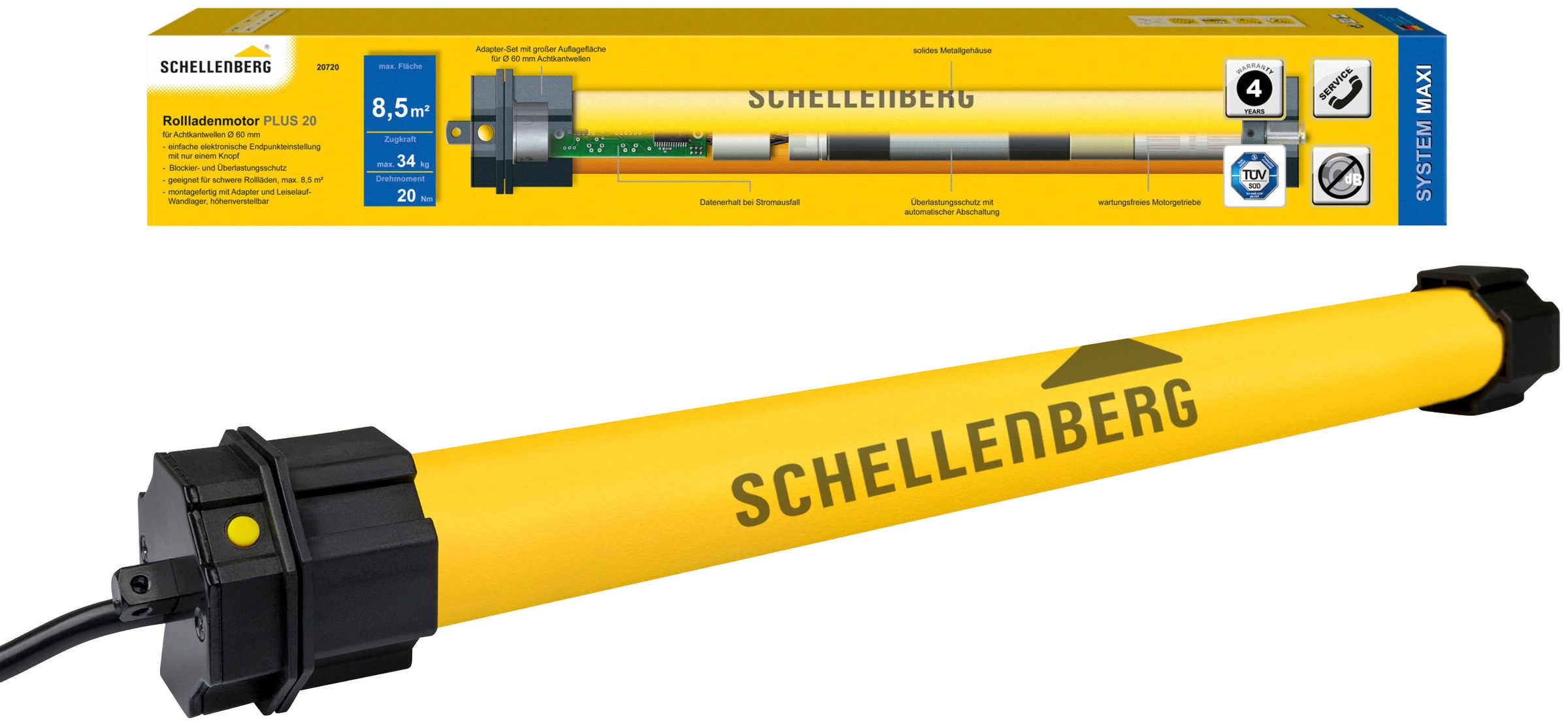 SCHELLENBERG Rollladenmotor »Plus, Rohrmotor mit elektronischer Endlageneinstellung«, geeignet für 60 mm Rollladenwelle, Maxi, 20 Nm, Zugkraft 34 kg