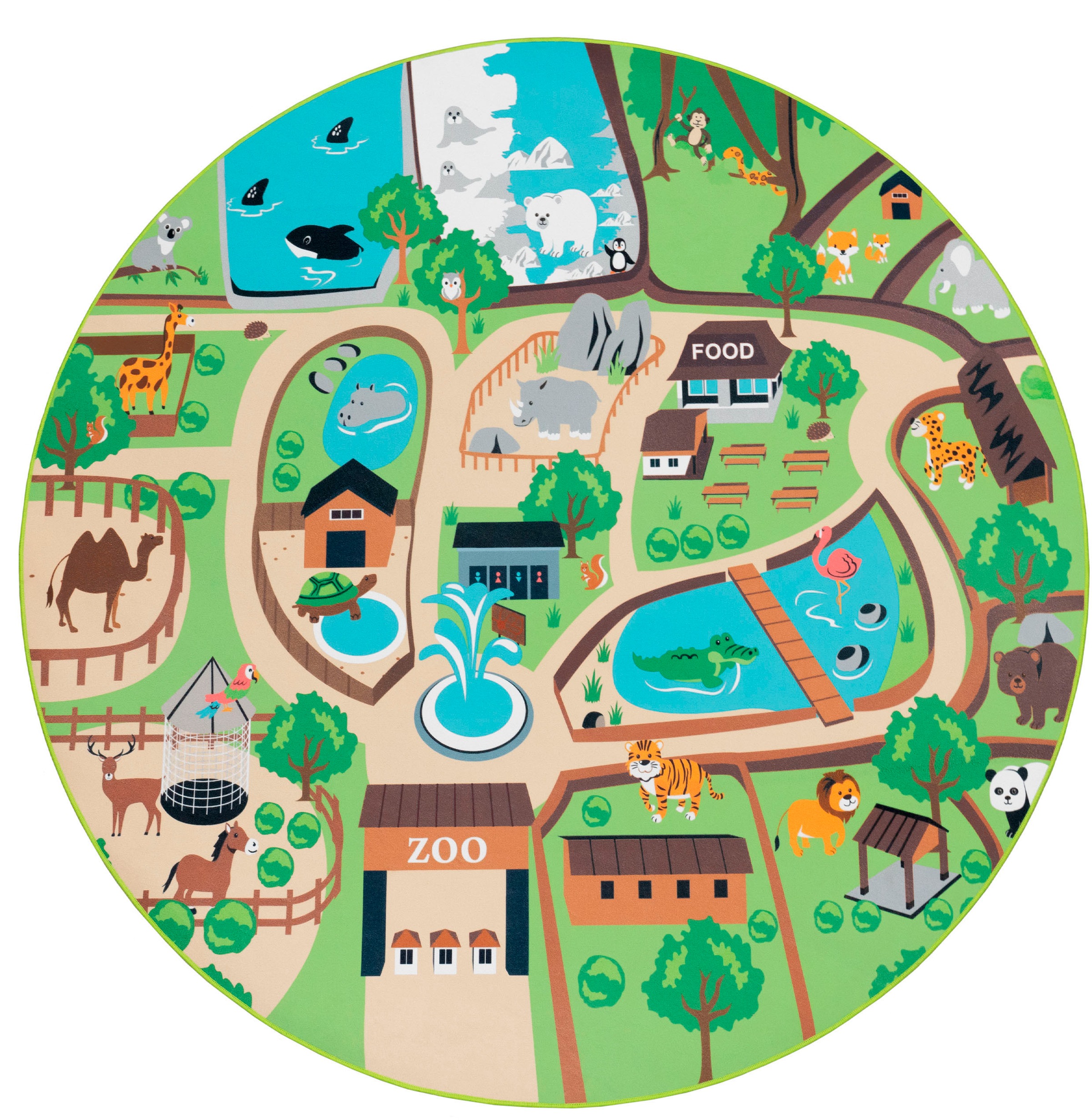 Paco Home Kinderteppich »Bino 563«, rund, 4 mm Höhe, Kurzflor, Straßen-Spiel-Teppich, Motiv Zoo, Kinderzimmer