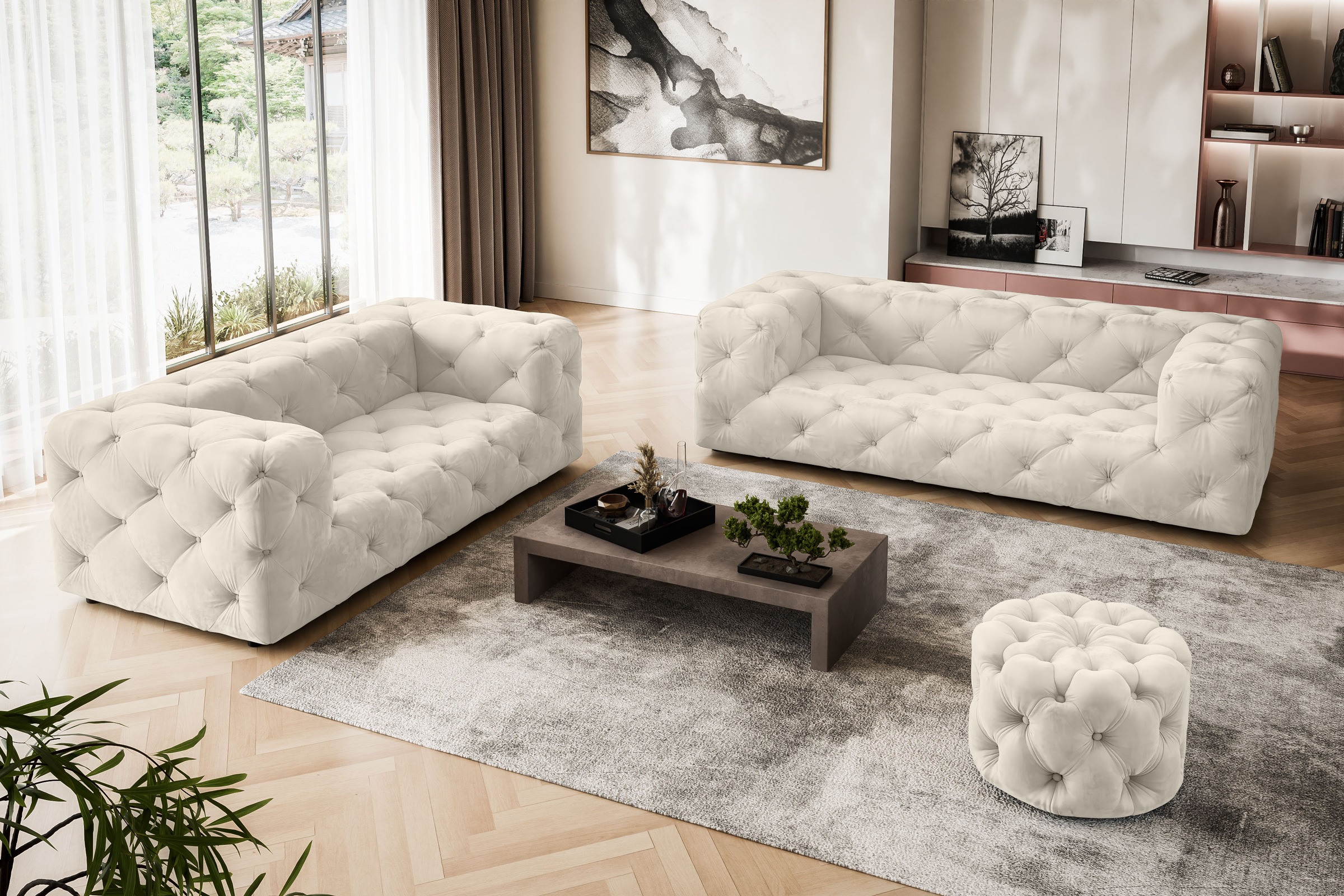 Places of Style Hocker »FOLLINA«, Polsterhocker mit klassischer Chesterfield-Knopfheftung
