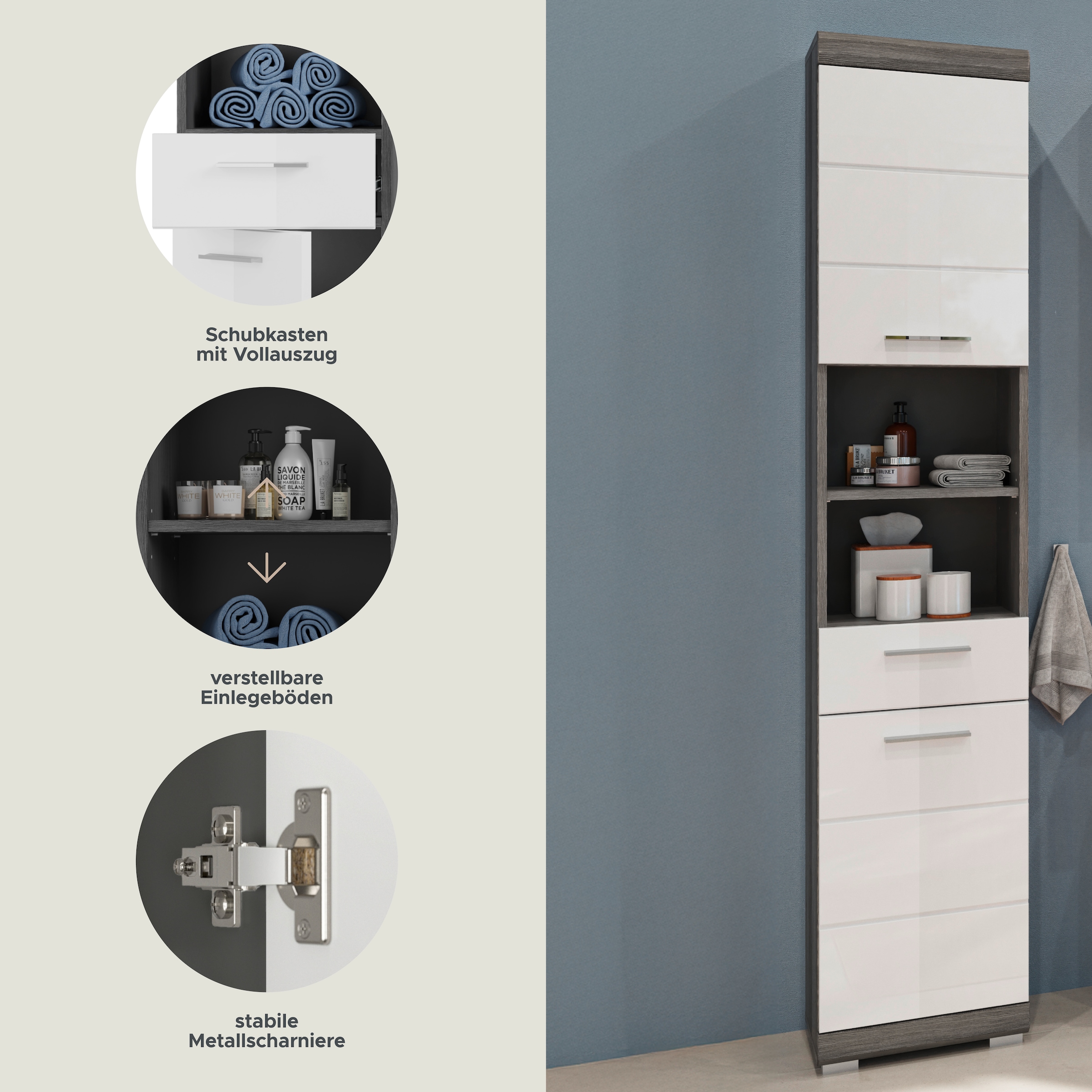 INOSIGN Hochschrank »Siena, Breite 37cm, 2 Tür, 1 Schubkasten, 2 offene Fächer, MDF-Front«, (1 St.), in verschiedenen Farben erhältlich, Badmöbel, Badschrank, Schrank, Bad