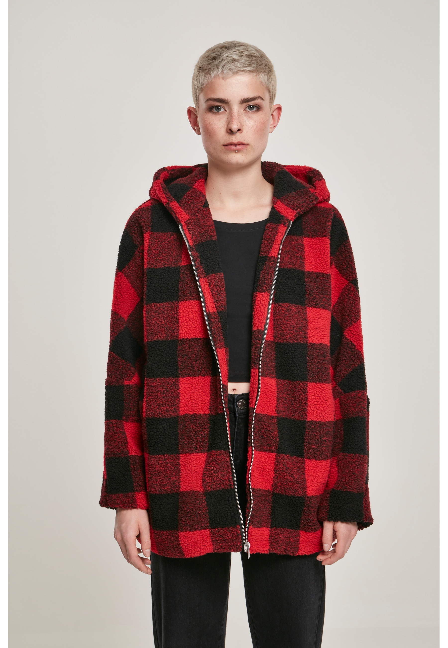 URBAN CLASSICS Winterjacke »Urban Classics Damen Ladies Hooded Oversized Check Sherpa Jacket« 1 Stk. tlg. mit Kapuze