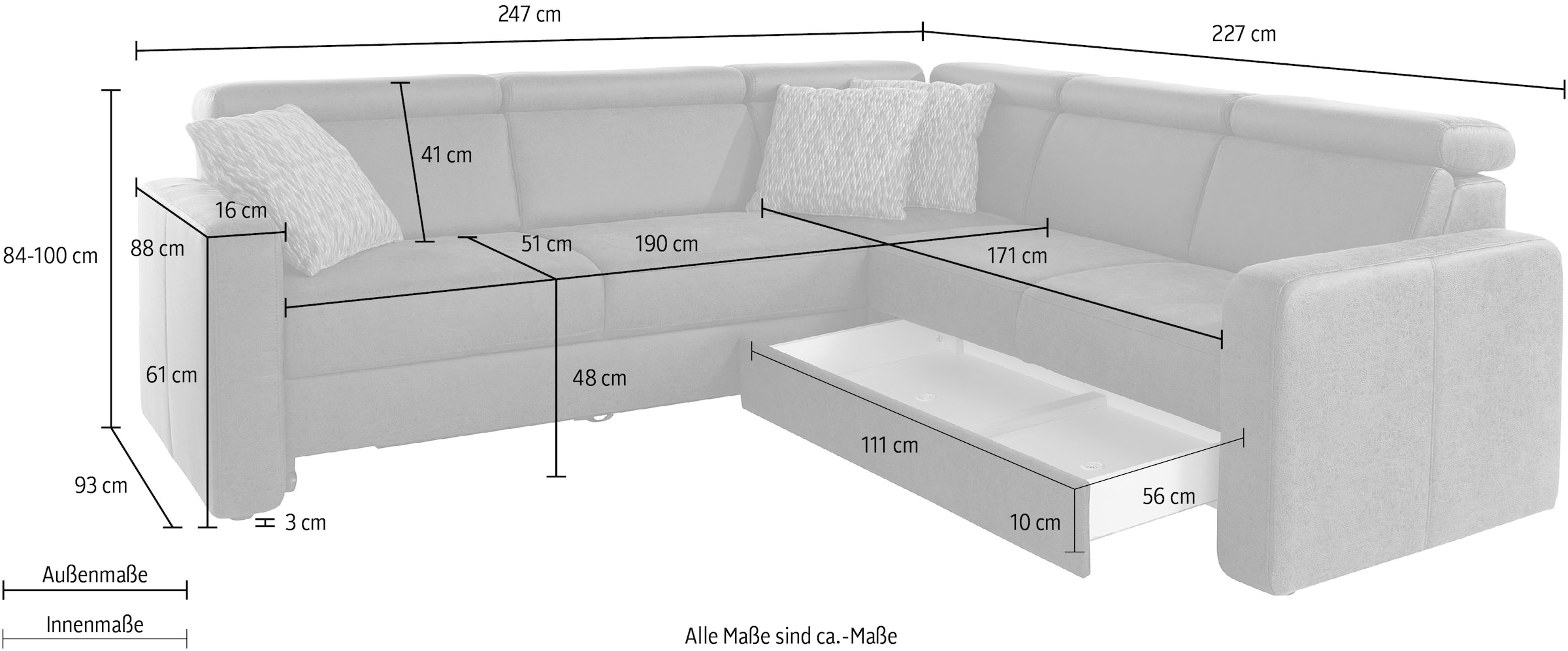 sit&more Ecksofa »Bologna L-Form«, Kopfteilverstellung, wahlweise mit Bettfunktion und Schubkasten