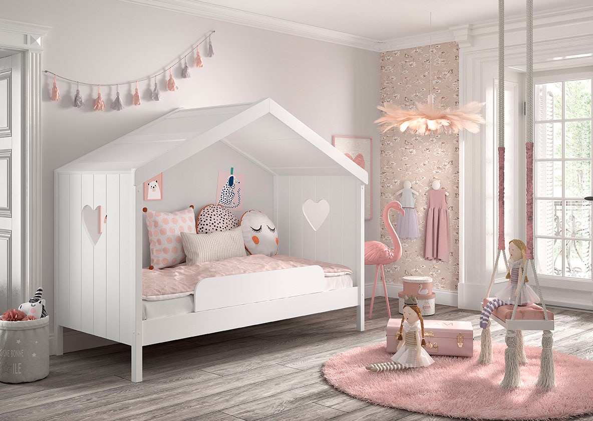 Vipack Hausbett »Amori, inkl. Dach, Rückseitig offen, mit Rolllattenrost«, (B/H/T ca. 213x171,7x98,7cm, verspielte Herz-Ausschnitte seitlich), wahlweise, mit oder ohne Schublade und Absturzschutz, weiß lackiert