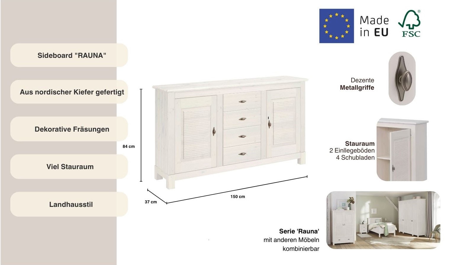 Home affaire Sideboard »Rauna«, Kommode, B/T/H: 150/37/84 cm