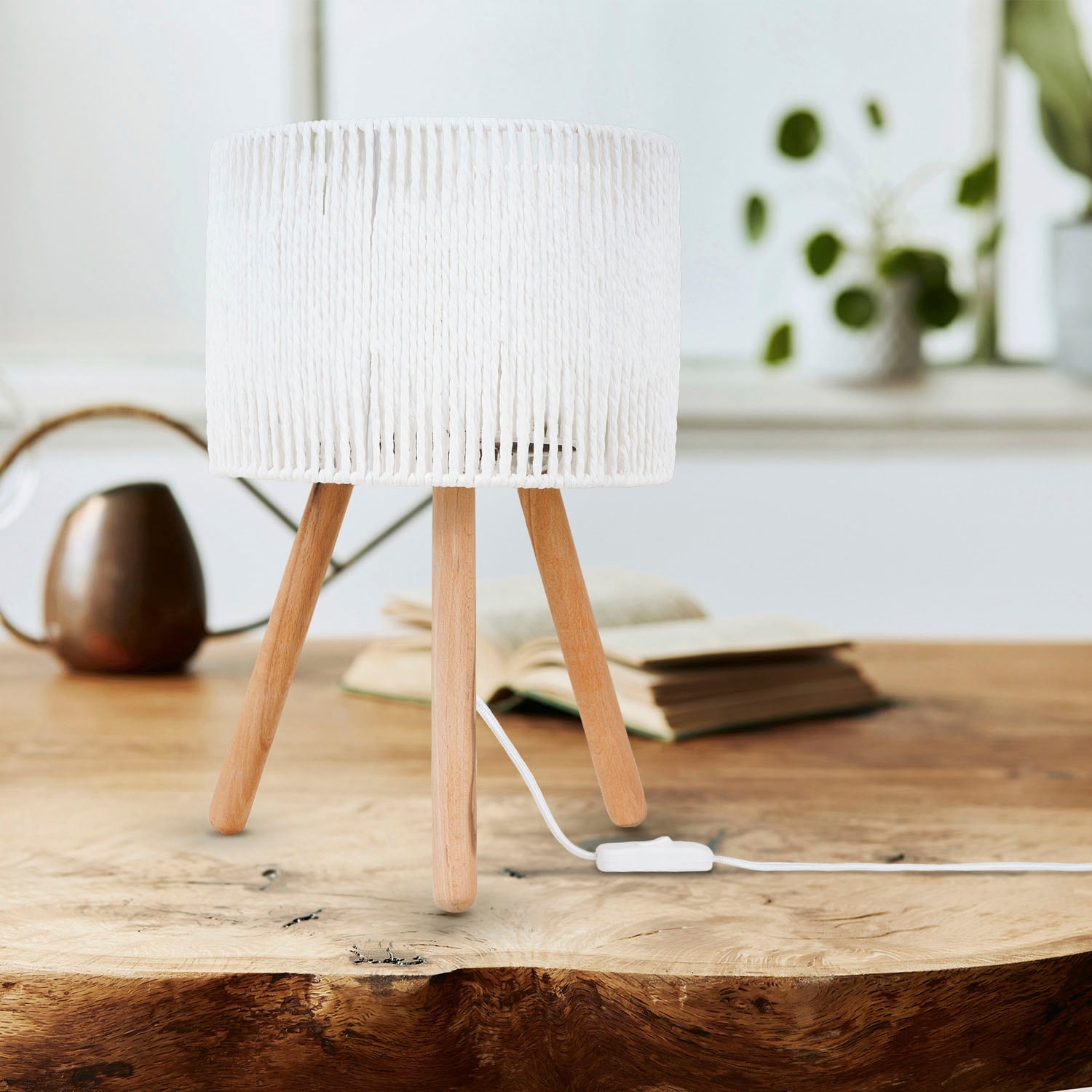 Paco Home Tischleuchte »PITA«, Leuchtmittel E27 | ohne Leuchtmittel, Nacht Schreib Lampenschirm Boho Holz Stativ E27