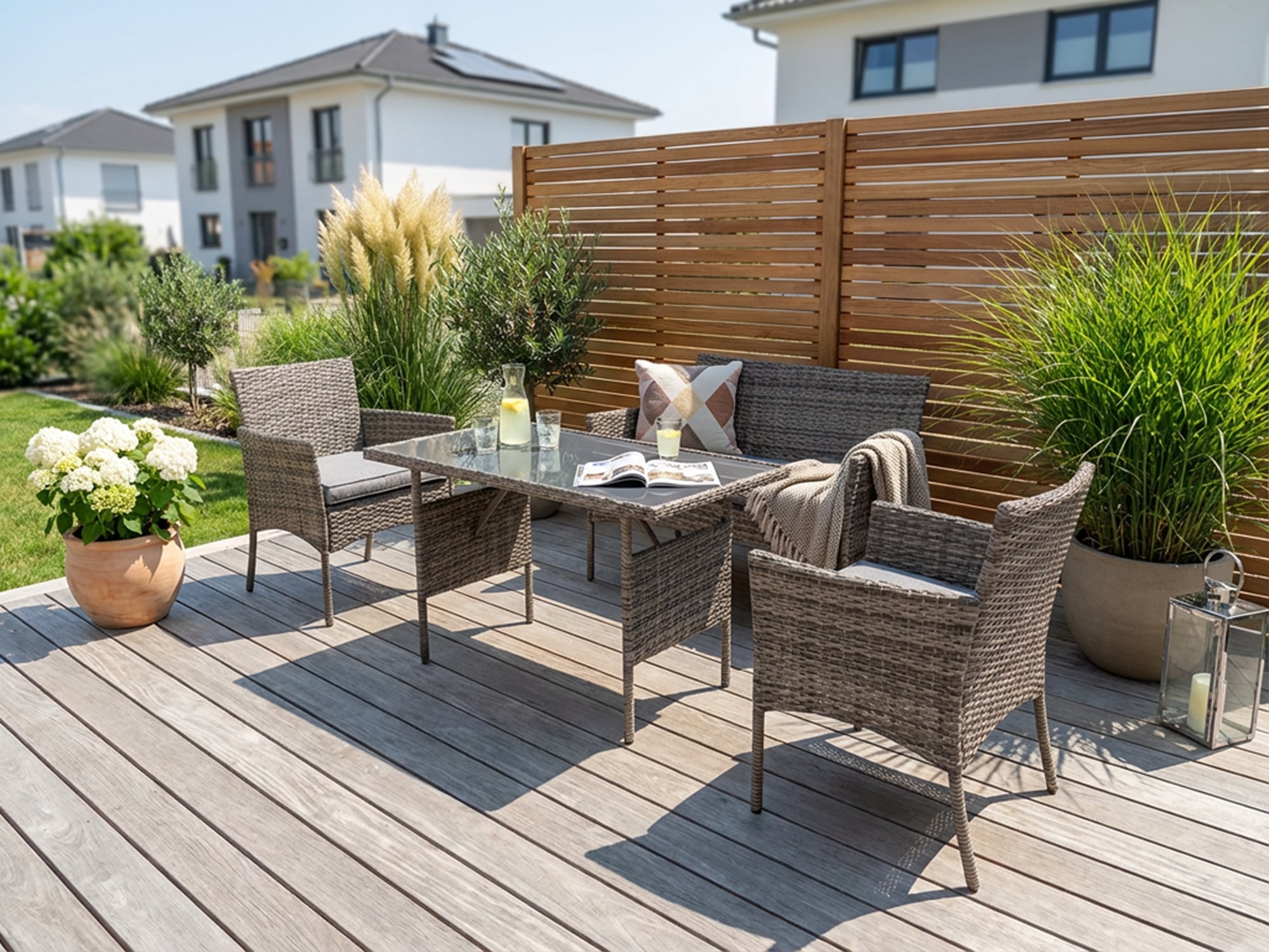 KONIFERA Gartenlounge-Set »Balkonset »Ronda«« Set, 1x2er Sofa, 2 Sessel, Tisch 56x110x65 cm, inkl. Auflagen, 7 Stk. tlg. Stahl/Polyrattan