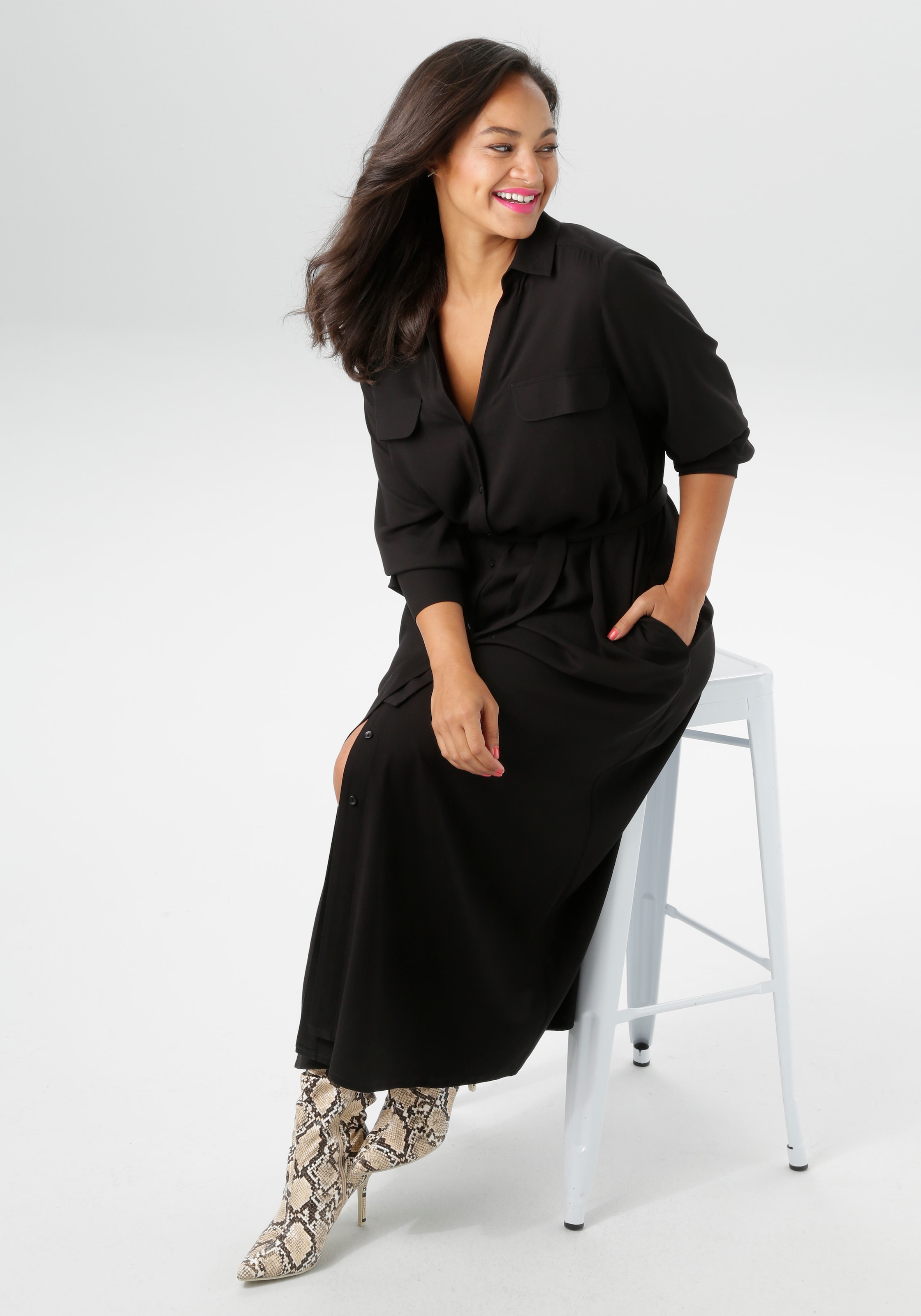 Aniston PLUS Blusenkleid, durchgeknöpftes Kleid aus weich fallender Viskose - NEUE KOLLEKTION
