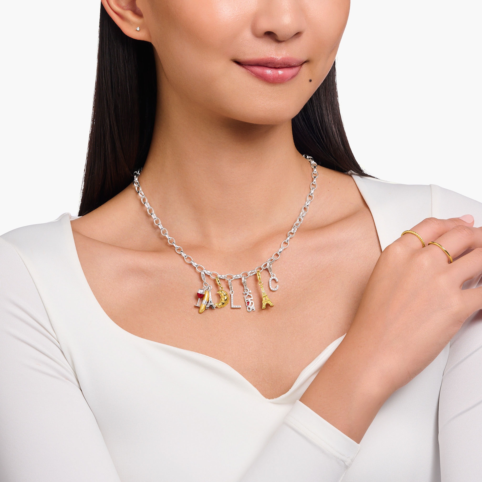 THOMAS SABO Charm-Einhänger »Rotweinglas, Baguette und Eiffelturm, 2078-390-7«, mit Korund (synth.), Zirkonia (synth.)