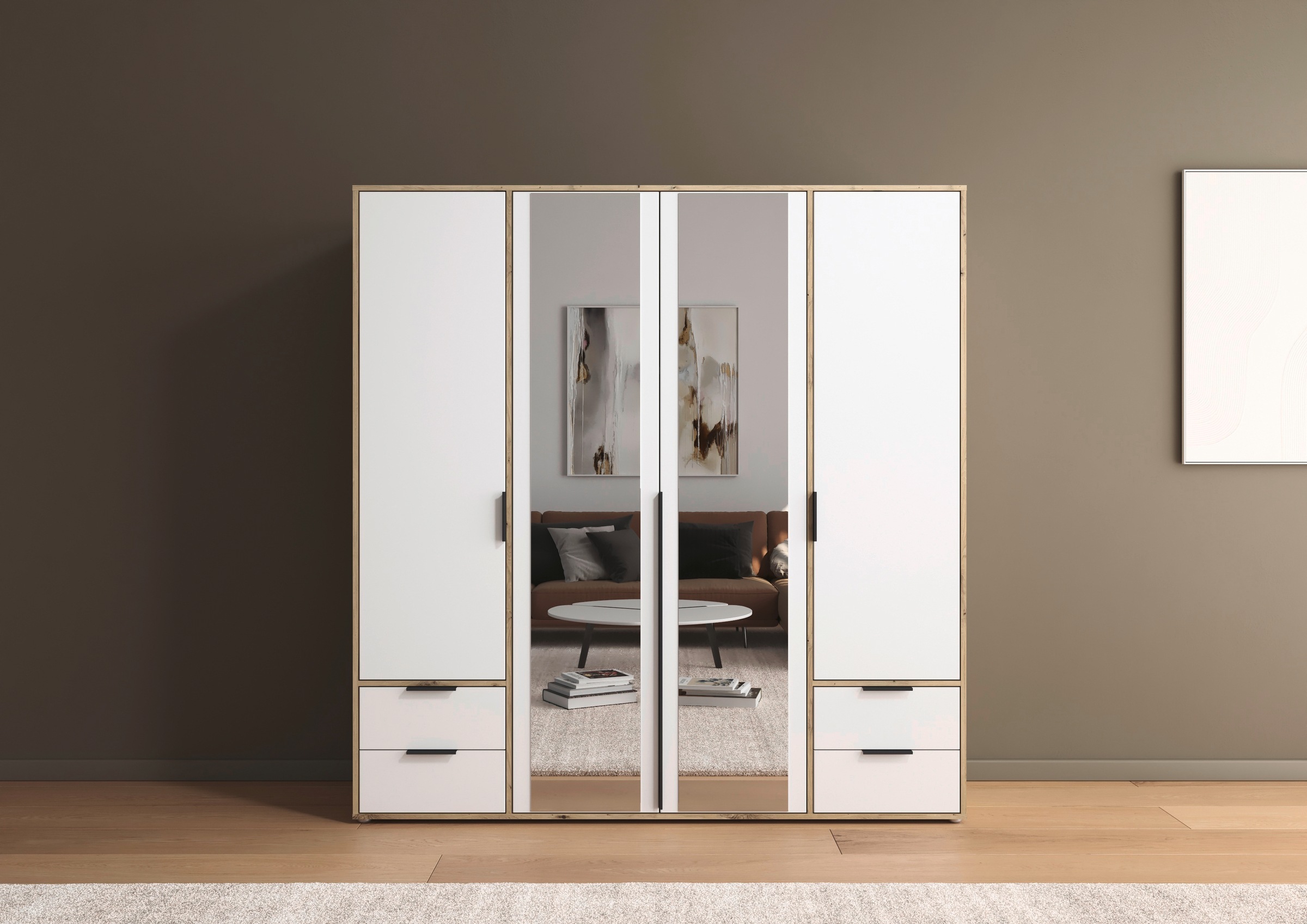 rauch Drehtürenschrank »Kleiderschrank Schrank Garderobe Wäscheschrank NAGATA mit Spiegel«, (in 3 verschiedenen Ausstattungen BASIC/CLASSIC/PREMIUM), und Schubladen sowie Stangengriffen TOPSELLER MADE IN GERMANY