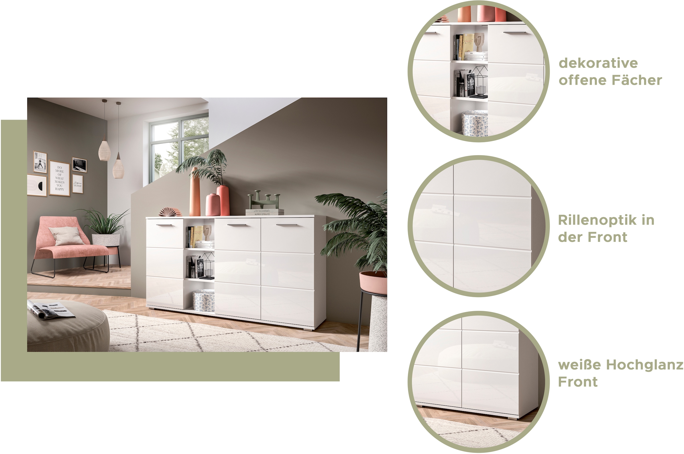 INOSIGN Kommode »Valge, Breite 80 cm, 2 Türen, 2 Einlegeböden, 3 Fächer«, Front-Rillenfräsung, Schuhkommode, Anrichte, Schrank, Sideboard