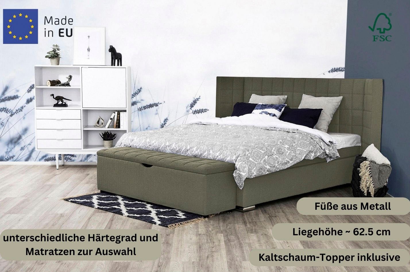 Places of Style Boxspringbett »Piazza«, mit Steppung und Kopfteil mit seitlichen Flügeln