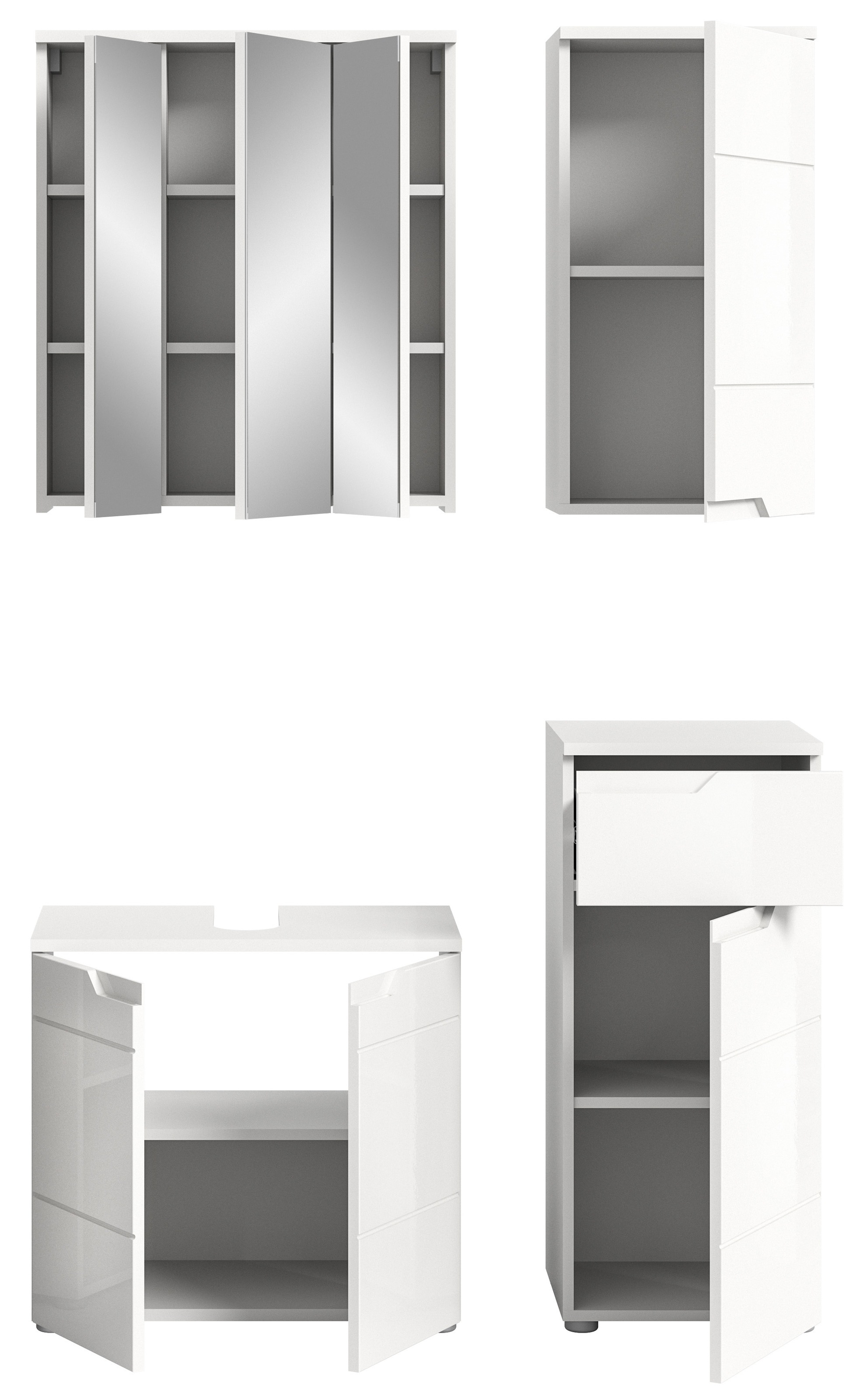 INOSIGN Badmöbel-Set »CAPRI, 4-teilig, mit eingefasster Griffmulde, bestehend aus:«, Waschbeckenunterschrank, Spiegelschrank, Unterschrank und Hängeschrank