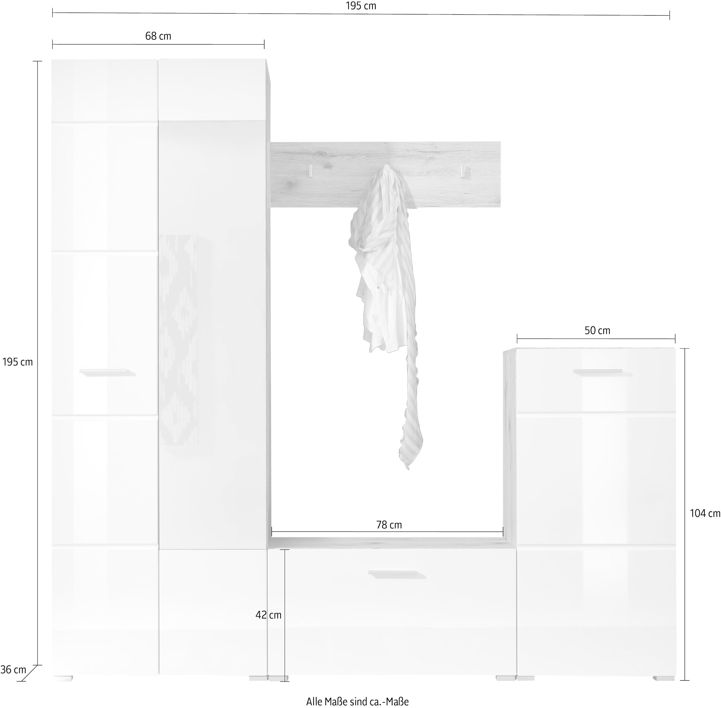 HBZ Kompaktgarderobe »SIXX Weiß Hochglanz, Flurgarderobe mit Spiegel, BxHxT 195x195x36 cm«, (1 St.), Mit Hochschrank mit Spiegel, Bank, Paneel und Kommode