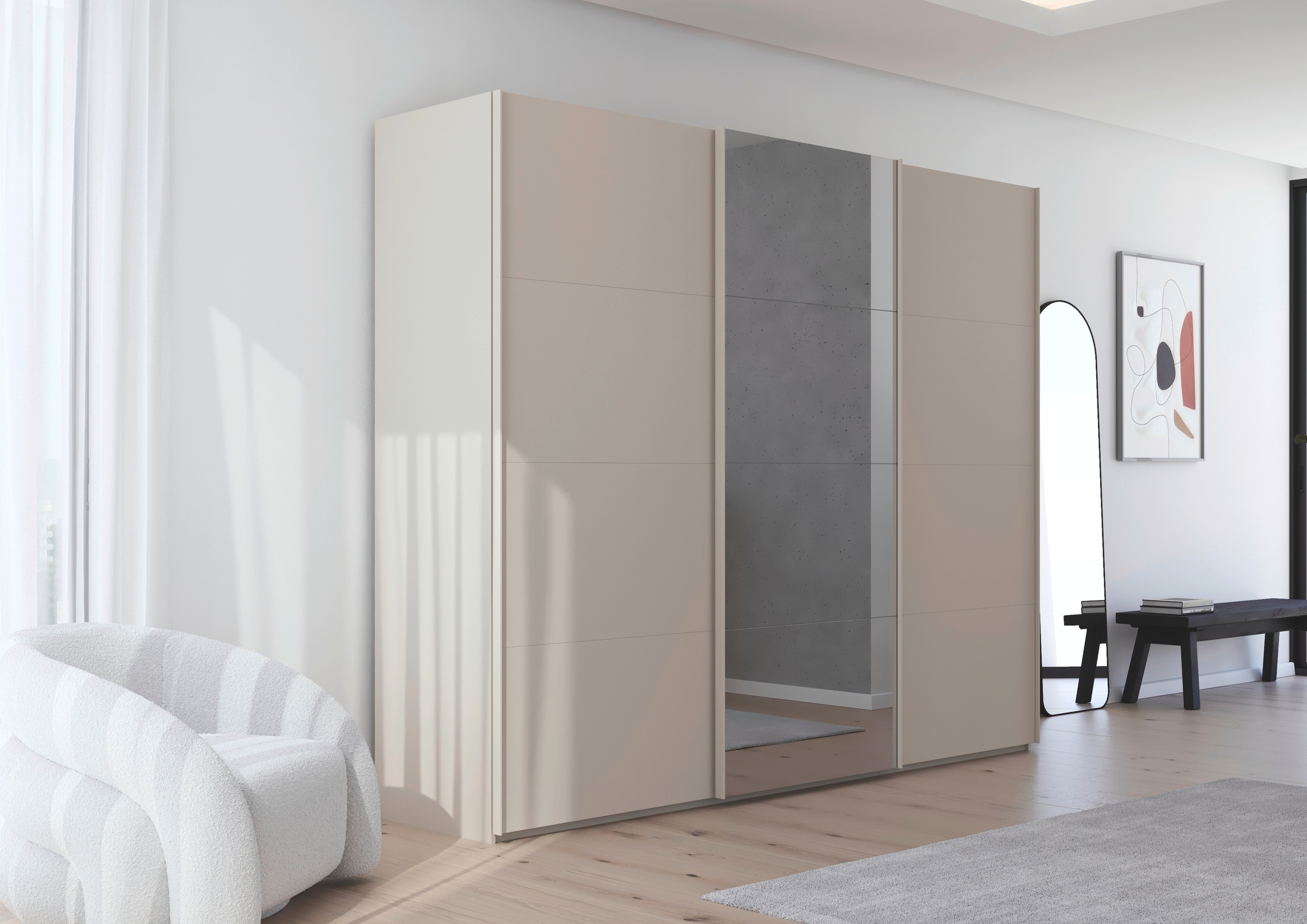 rauch Schwebetürenschrank »Kleiderschrank Schrank Garderobe Schlafzimmerschrank SCALE-FYRA«, edle viergeteilte Türen mit Spiegel und vielen Farben MADE IN GERMANY