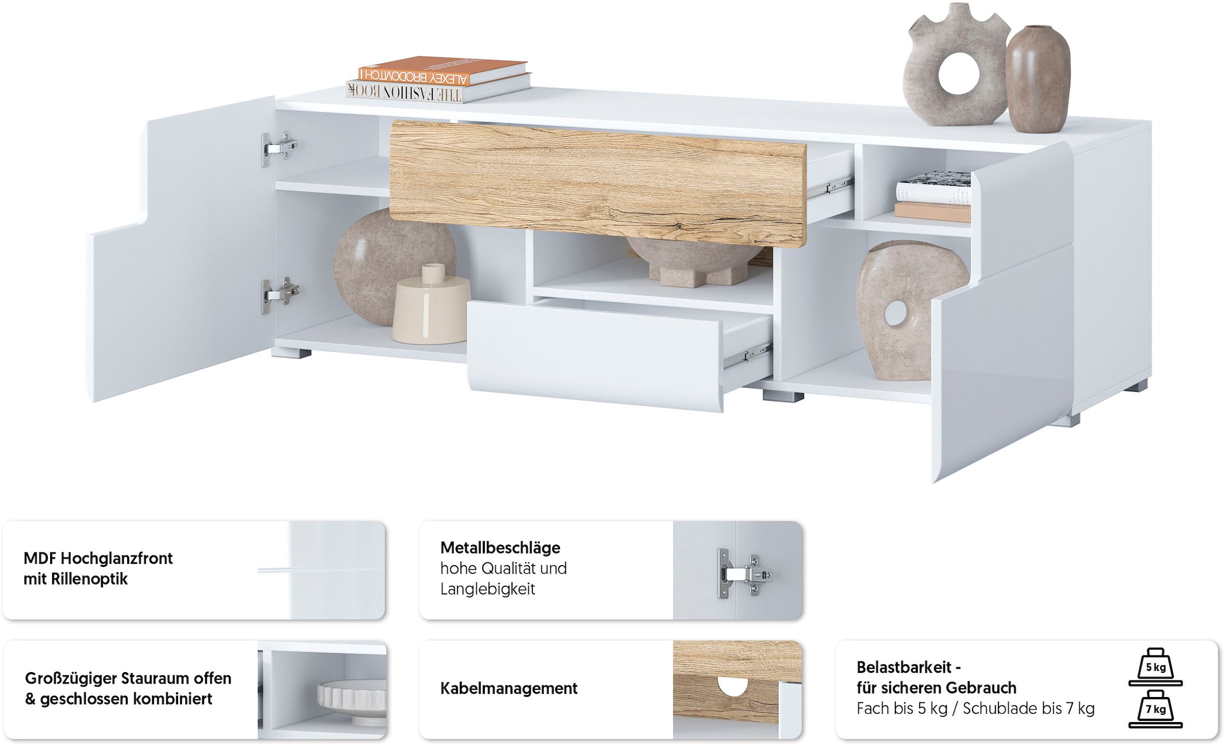 OTTO home Lowboard »Toledo,Breite 159cm, trendige TV-Schrank mit dekorative Fräsungen« TV-Board ohne Beleuchtung, TV-Kommode mit viel Stauraum