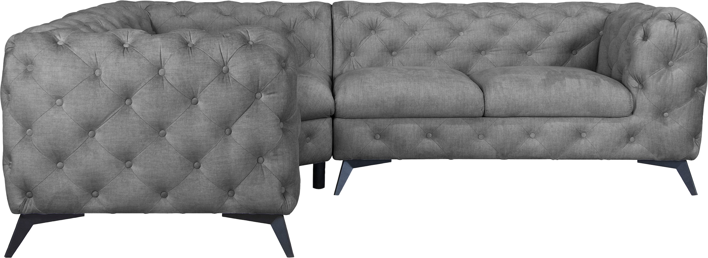 Leonique Chesterfield-Sofa »Ecksofa GLYNIS L-Form mit Wellenunterfederung, Maße B/T/H 264/264/75cm«, aufwändige Knopfheftung, moderne Chesterfield Optik, Fußfarbe wählbar