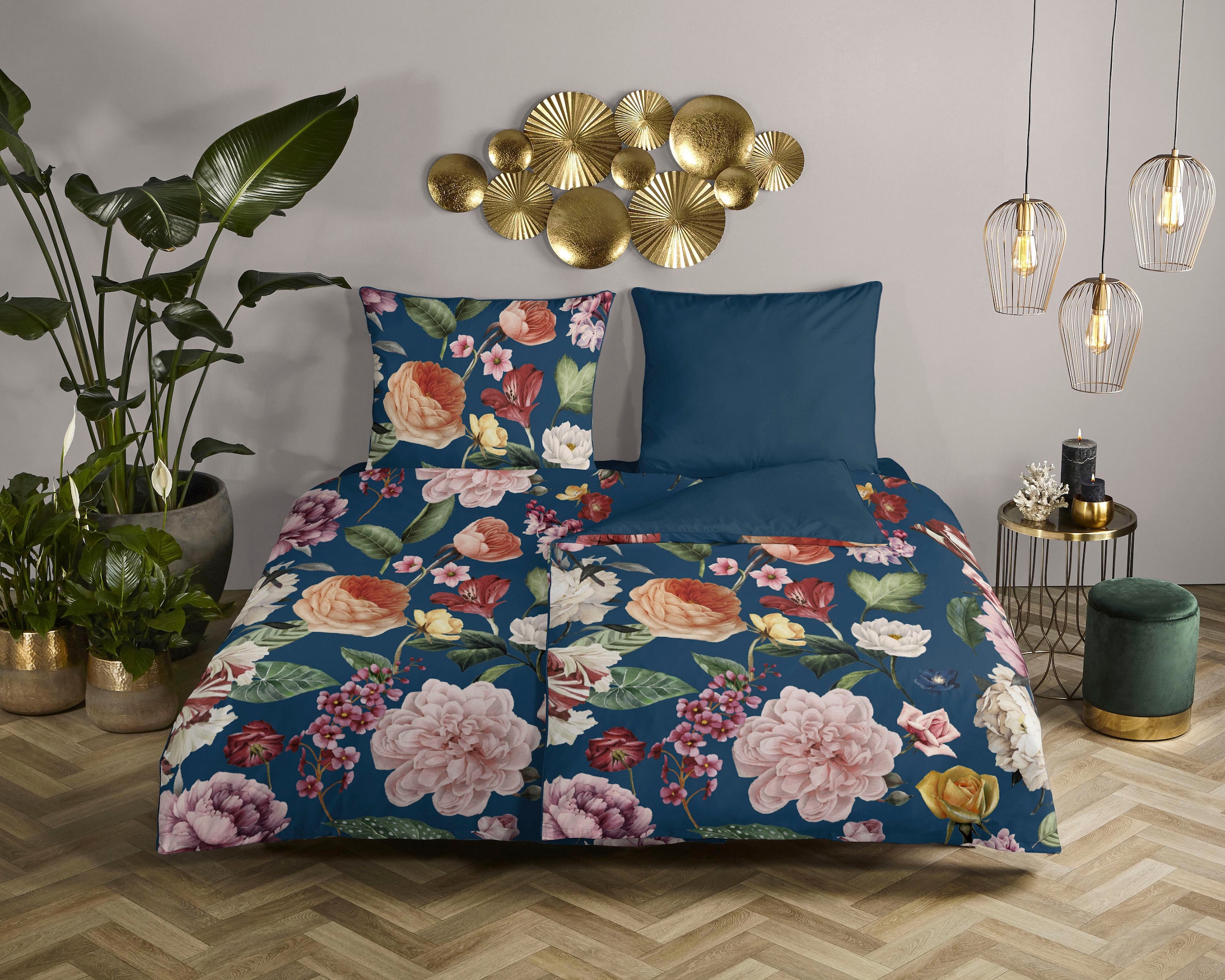 Descanso Wendebettwäsche »Fiori«, Baumwolle, Satin, 135x200, Biese, Reißver günstig online kaufen