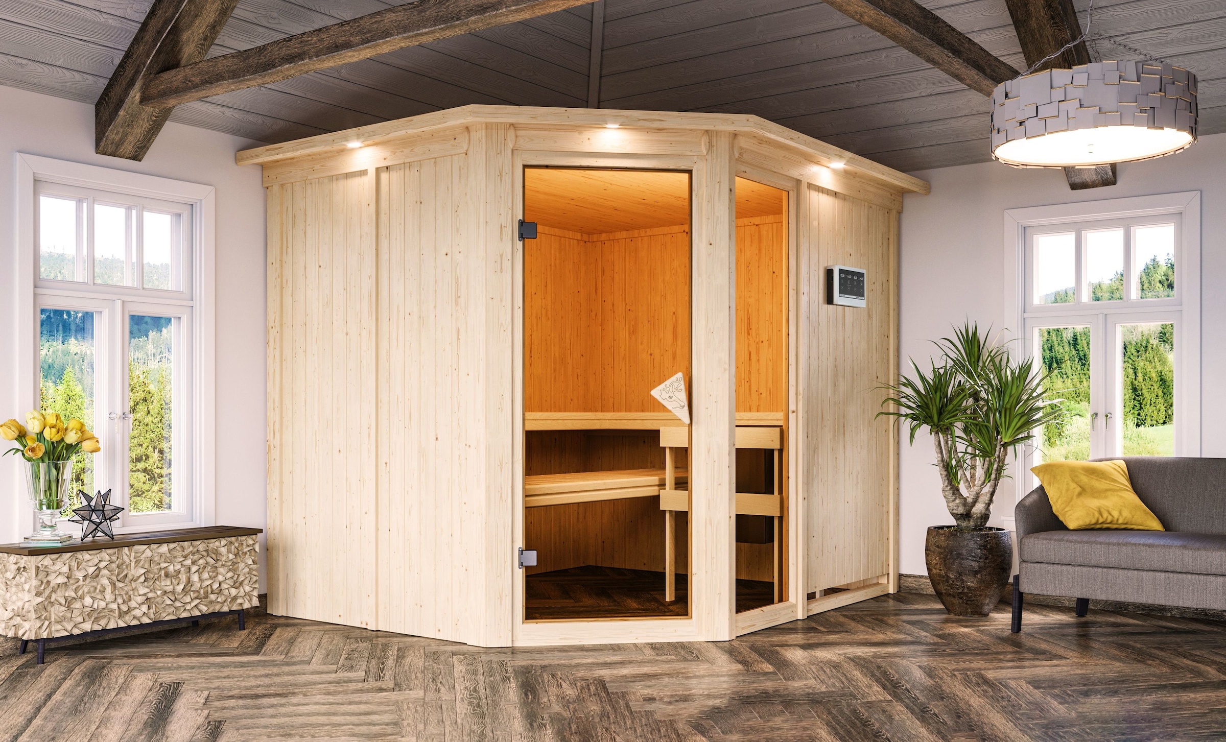 Karibu Sauna »Frigga 3«, 9-kW-Bio-Ofen mit externer Steuerung