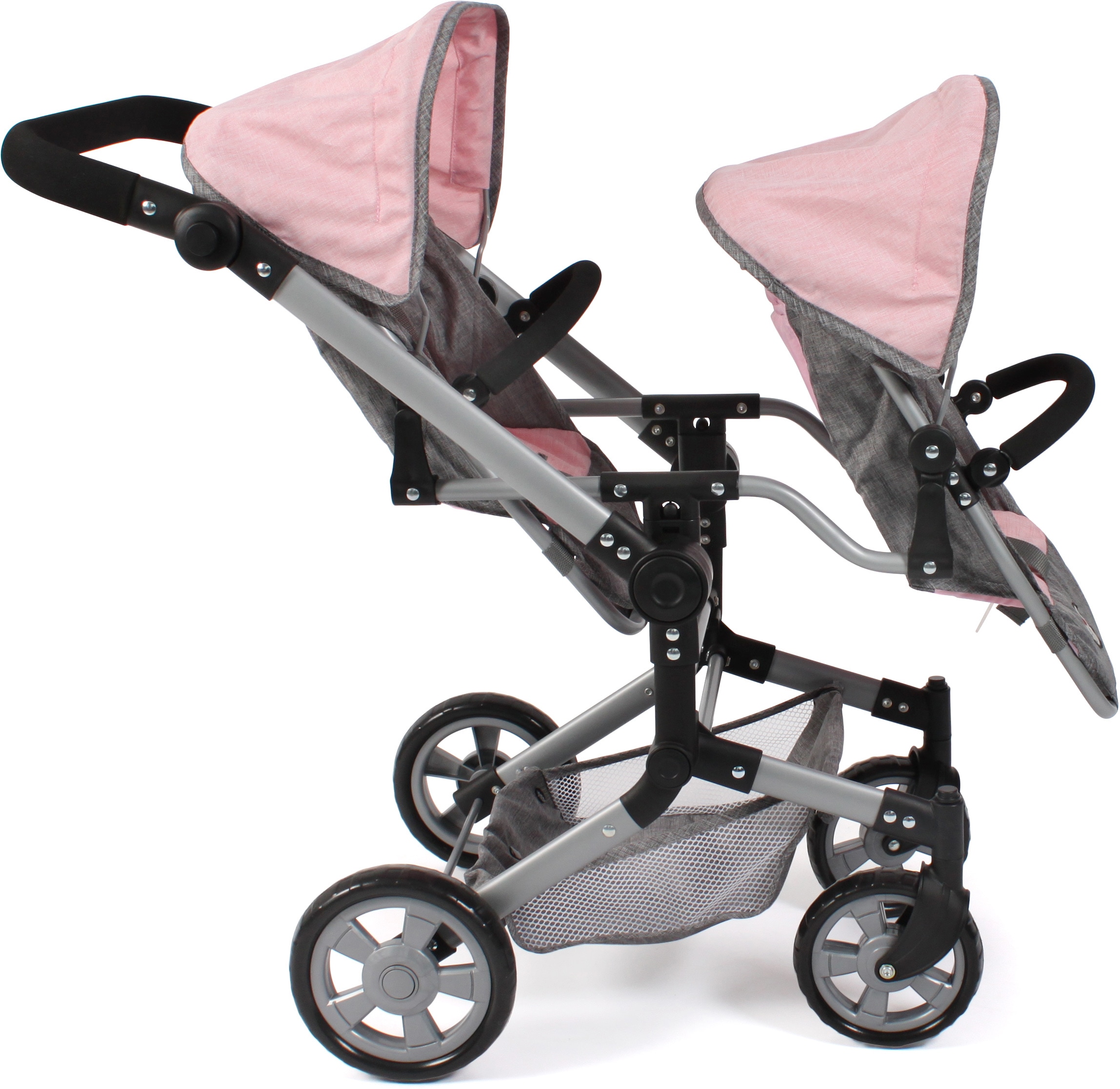 CHIC2000 Puppen-Zwillingsbuggy »Linus Duo, Grau-Rosa«, mit zwei abnehmbaren, bis in Liegeposition verstellbaren Sportsitzen