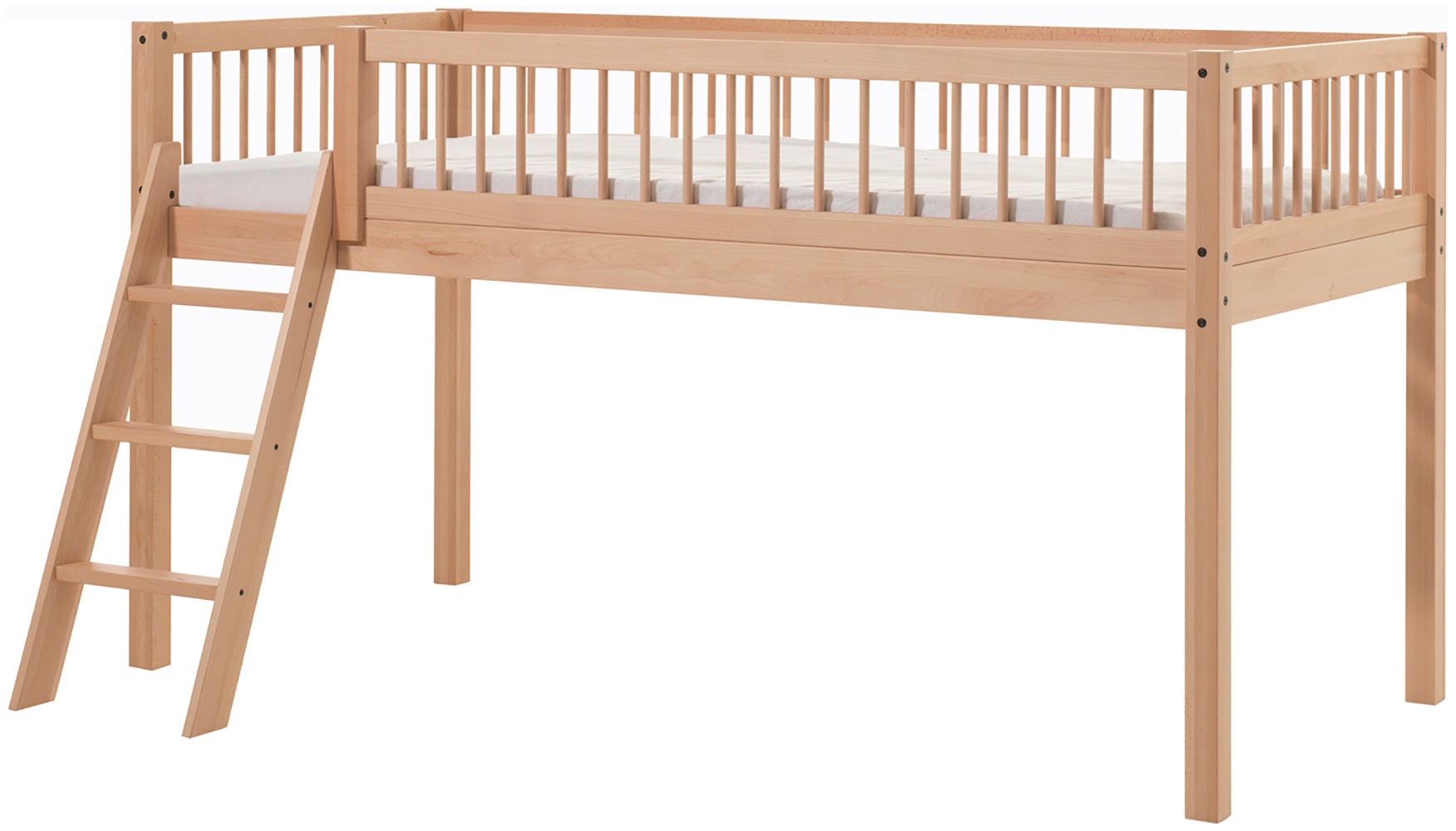 Vipack Spielbett »Forrest, Absturzschutz mit Sprossen-Optik, Pfostenstärken ca. 50x50mm« Buche natur lackiert, stabil und hochwertig gebaut, inkl. Lattenrost,  90/200 cm, Spielbereich unter dem Bett, 2 Textil-Set´s zur Wahl