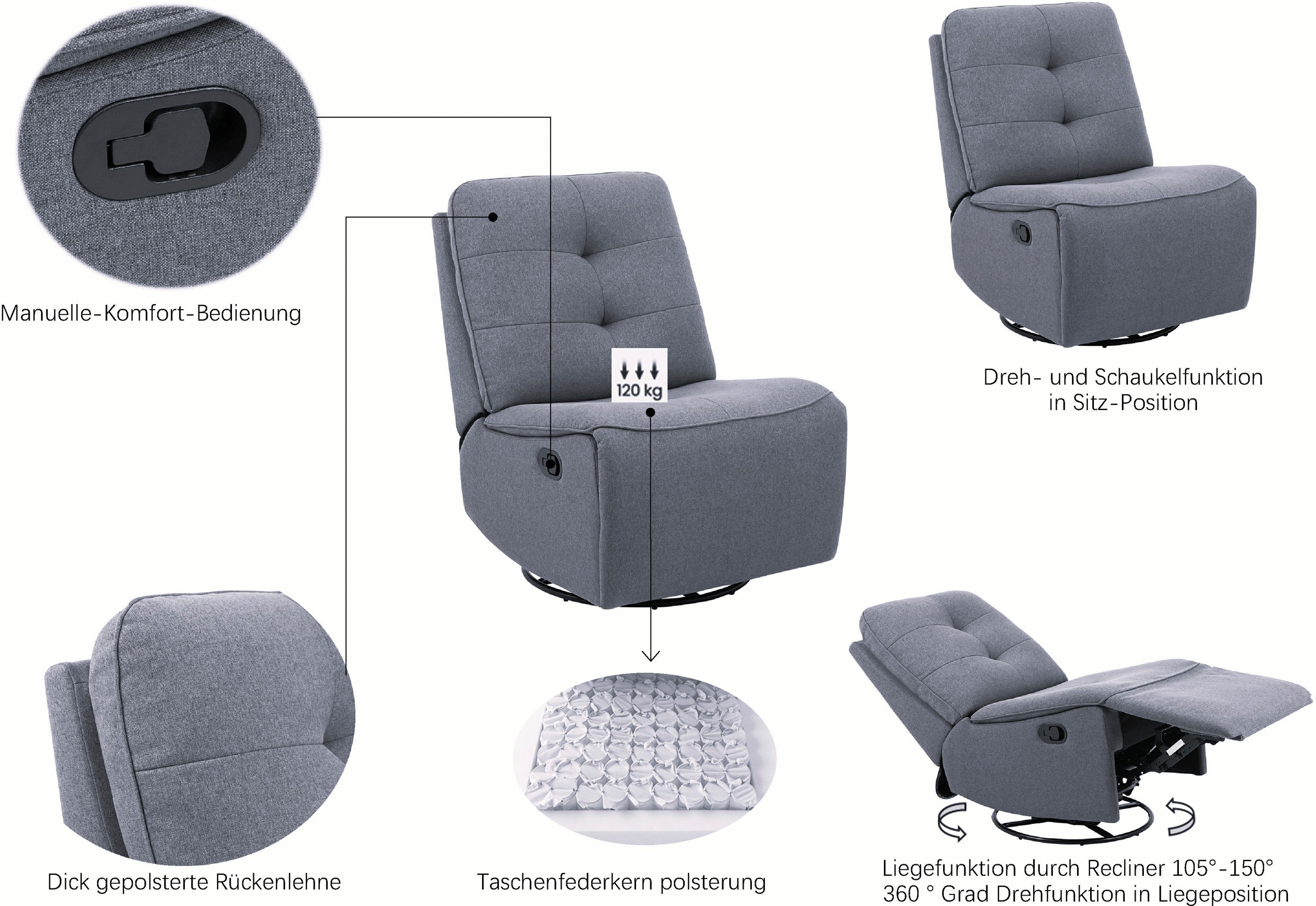 OTTO home Sessel »BAILEE, TV-Sessel, Schaukelsessel, Drehsessel« Loungesessel mit Federkernpolsterung