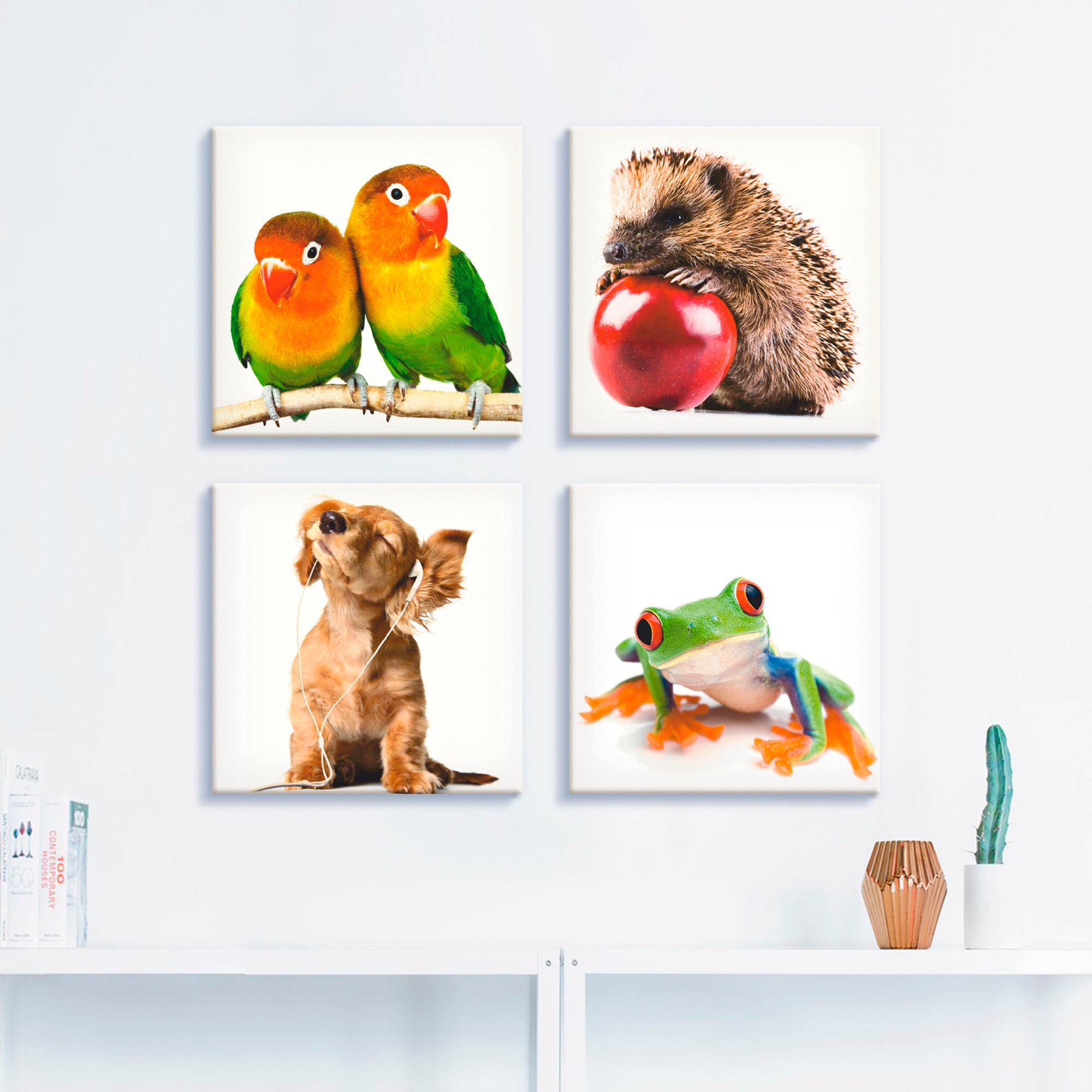 Artland Leinwandbild »Grauköpfchen Igel Hund Frosch«, Haustiere, (4 St.), 4er Set, verschiedene Größen