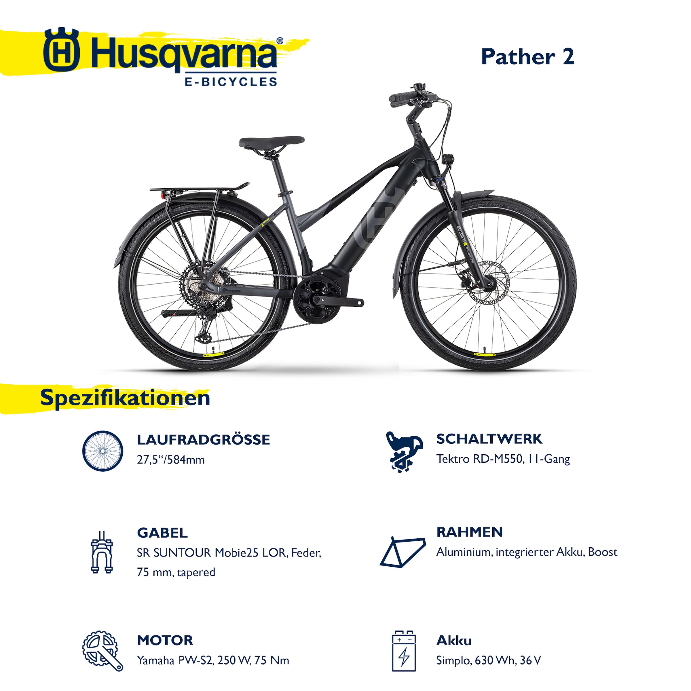 Husqvarna E-BICYCLES E-Bike »E-Trekkingbike Pather 2 Damen«, 11 Gang, Tektro, RD-M550, Mittelmotor 250 W, (27,5 Zoll, Yamaha Motor, Scheibenbremsen, mit Straßenzulassung), Pedelec, Elektrofahrrad für Damen