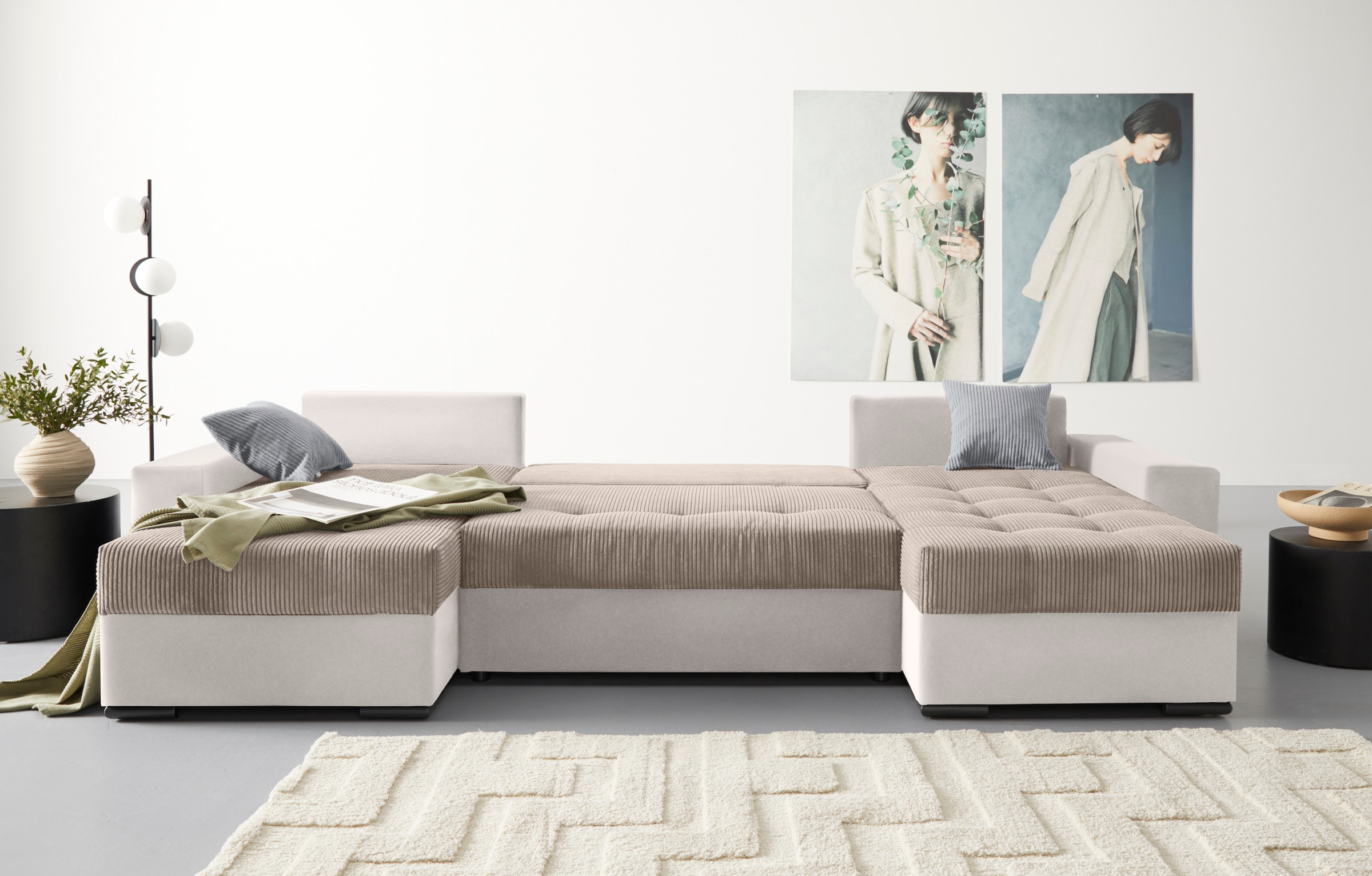 COLLECTION AB Wohnlandschaft »Josy U-Form«, mit Schlaffunktion, Bettkasten und Zierkissen, mit 2 Recamieren