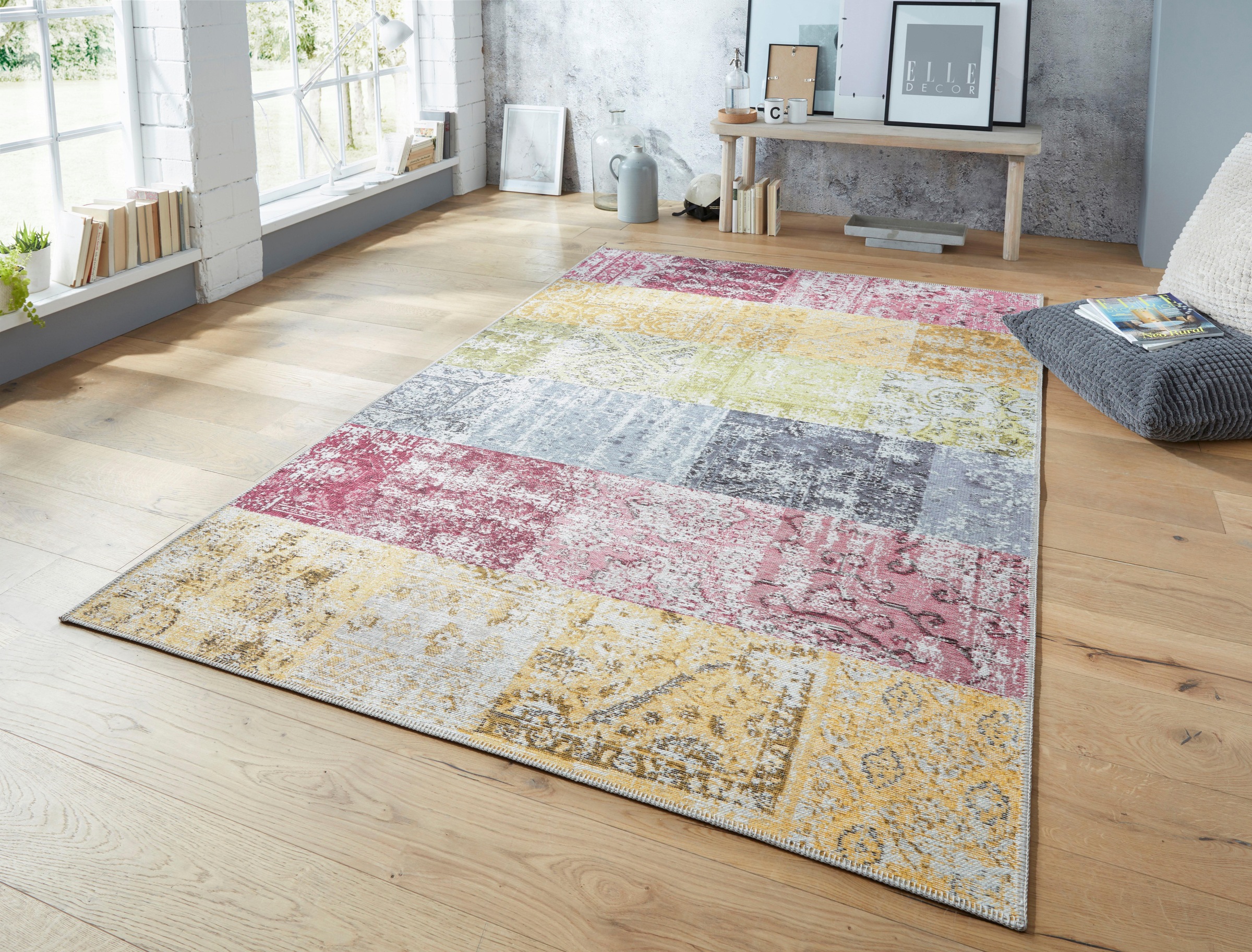 ELLE DECORATION Teppich »Toulon«, rechteckig, 4 mm Höhe, Flachgewebe, Patchwork Look, Hochwertiger Materialmix