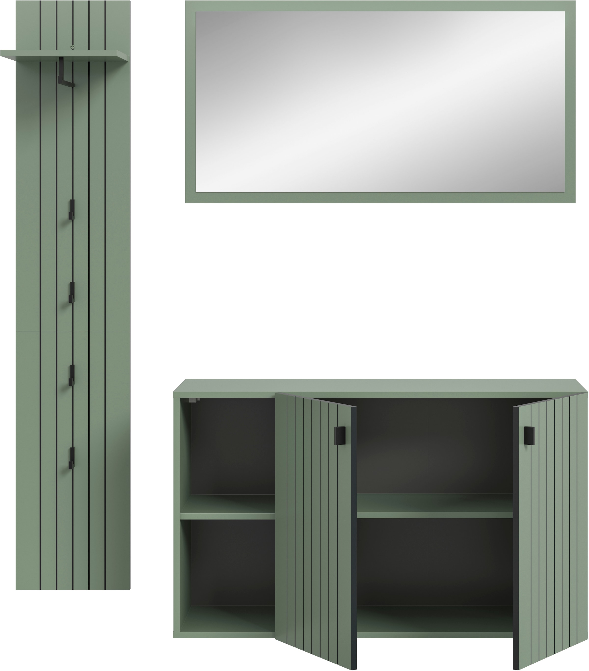 Home affaire Garderoben-Set »TATIO, 3-tlg. Garderobenkombination, Breite: 152 cm, Rilenfräsung« Set, Set, best. aus: 1 Garderobenpaneel, 1 Spiegel, 1 Schuhkommode, 3 Stk. tlg.