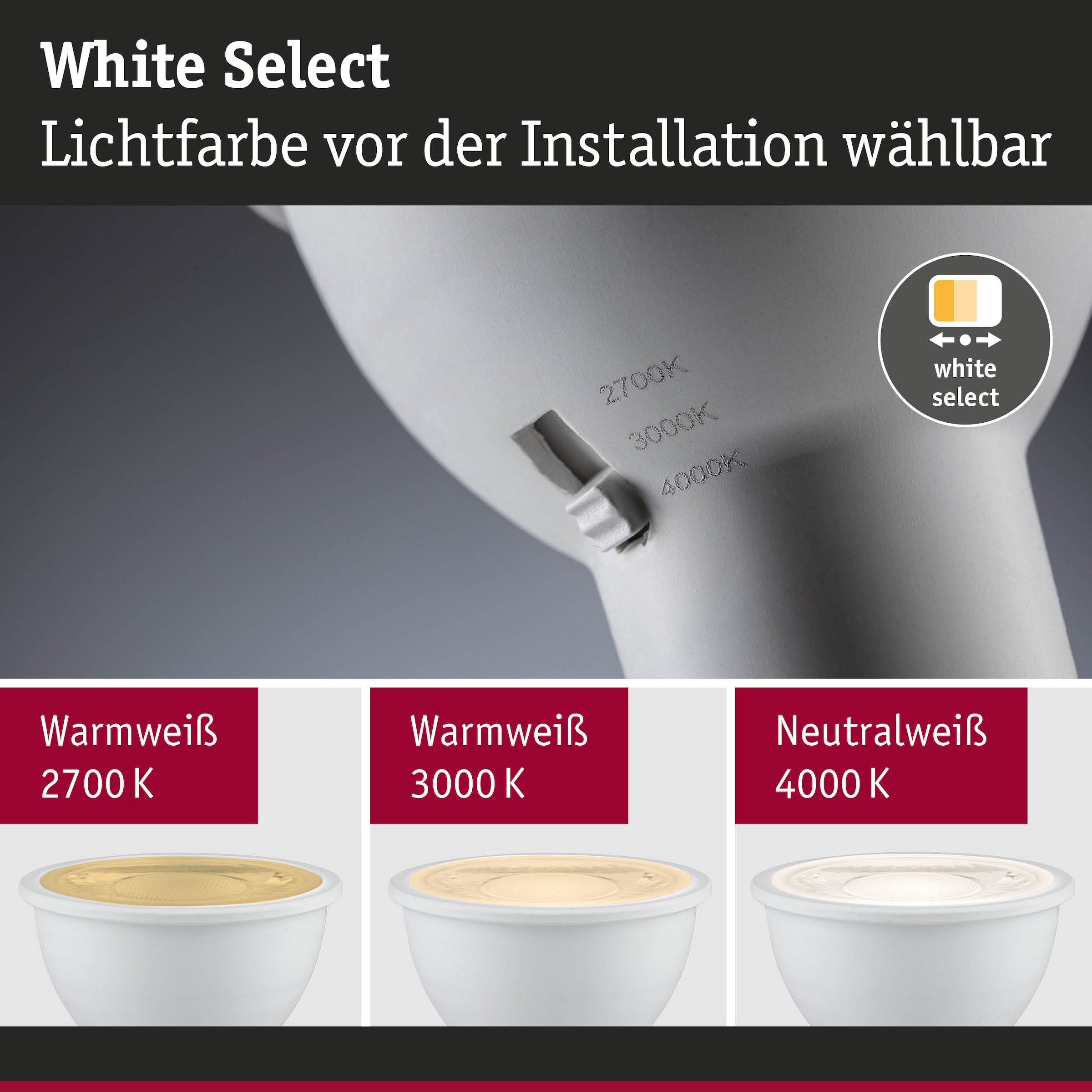 Paulmann LED-Leuchtmittel »450lm 3CCT DipSwitch 50° 4,6W 230V« GU10 1 Stk. Farbwechsler White Select