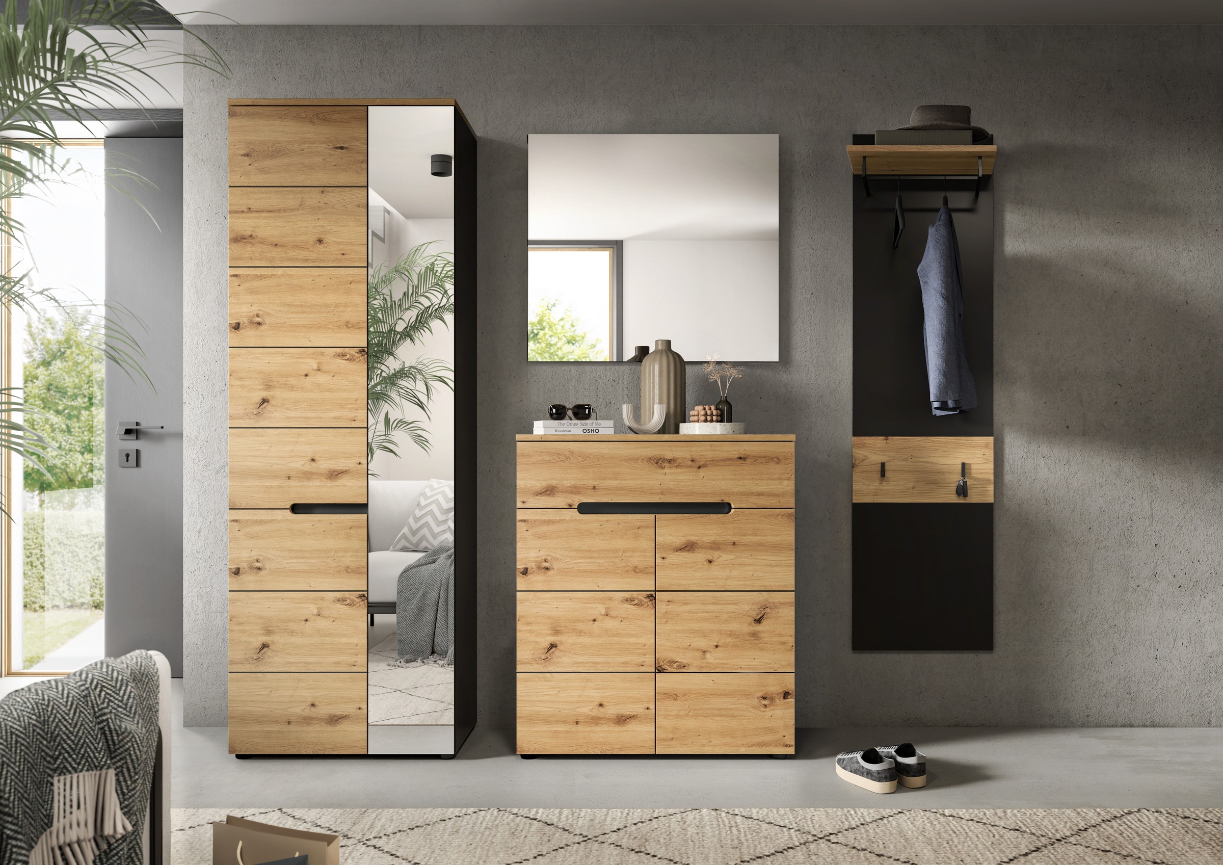 INOSIGN Garderoben-Set, (Set, 4 St., bestehend aus: Garderobenschrank, Kommode, Spiegel & Garderobenpaneel), Garderobenkombination, Kombination, Set, Flurgarderobe, Diele