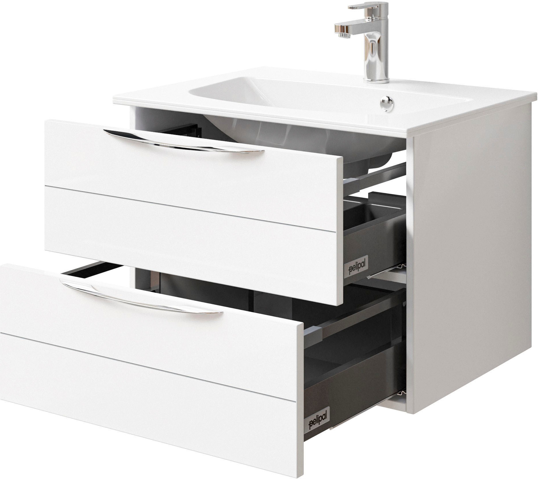 Saphir Badmöbel-Set »Serie 6025 2-teilig Mineralmarmor-Waschtisch mit LED-Spiegelschrank«, (2 St.), Waschplatz 67 cm breit, 2 Schubladen, 2 Spiegel-Türen, inkl Türdämpfer