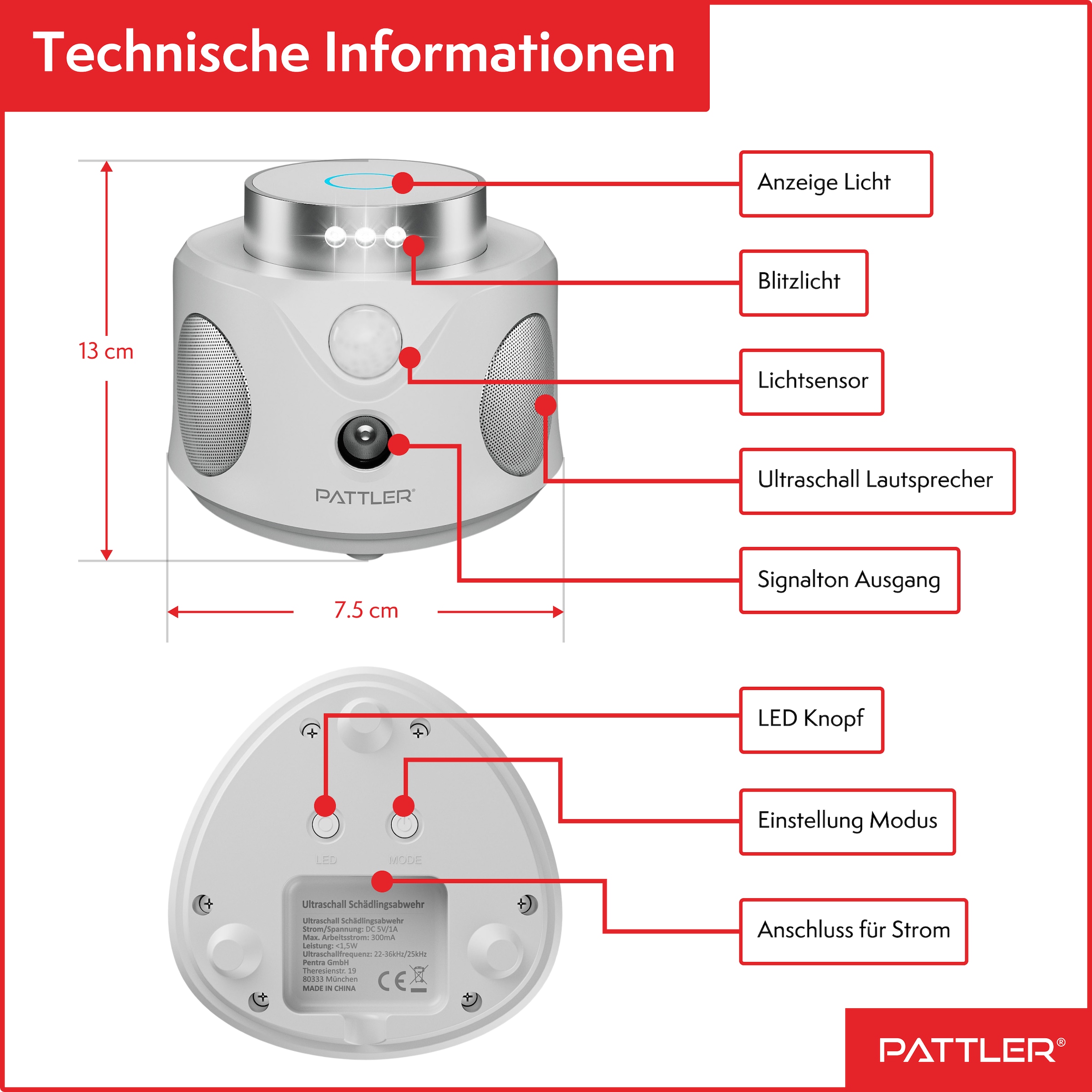 Pattler Ultraschall-Tierabwehr »360° Ultraschall Mäuseabwehr« 2 Geräte