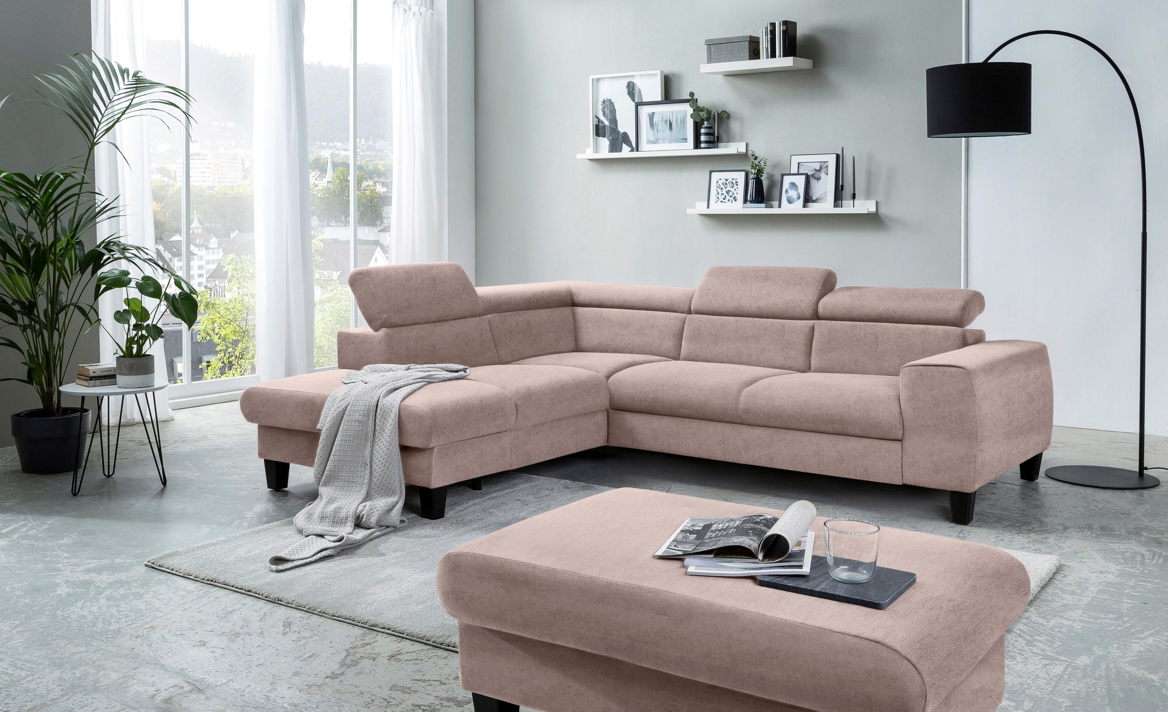 COTTA Polstergarnitur »Morven L-Form«, (Set), Set bestehend aus: Ecksofa mit Kopfteilverstellung & Hocker