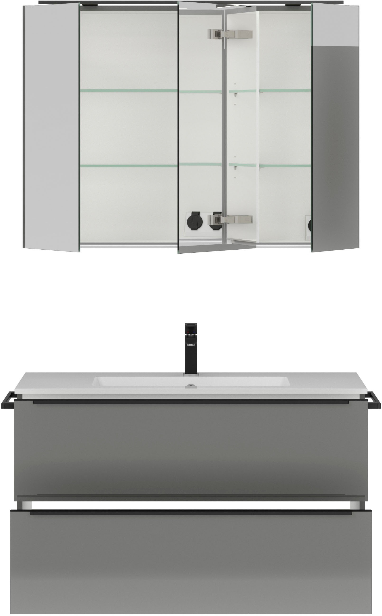 nobilia® Badmöbel-Set »Levere«, (2 St., vormontiert, mit Soft-Close), inkl. Spiegelschrank mit Beleuchtung und Dimmerfunktion, in 4 Breiten