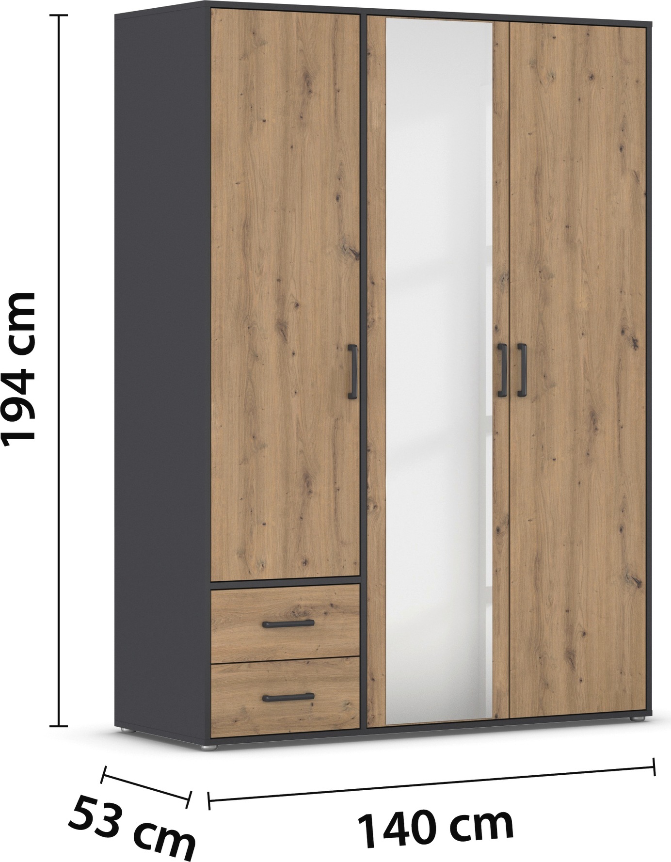 rauch Drehtürenschrank »Kleiderschrank Schrank Garderobe Wäscheschrank VOYAGER«, (in 3 verschiedenen Ausstattungen BASIC/CLASSIC/PREMIUM), mit modernen Griffen in Graumetallic, inkl. Schubkästen und Spiegel