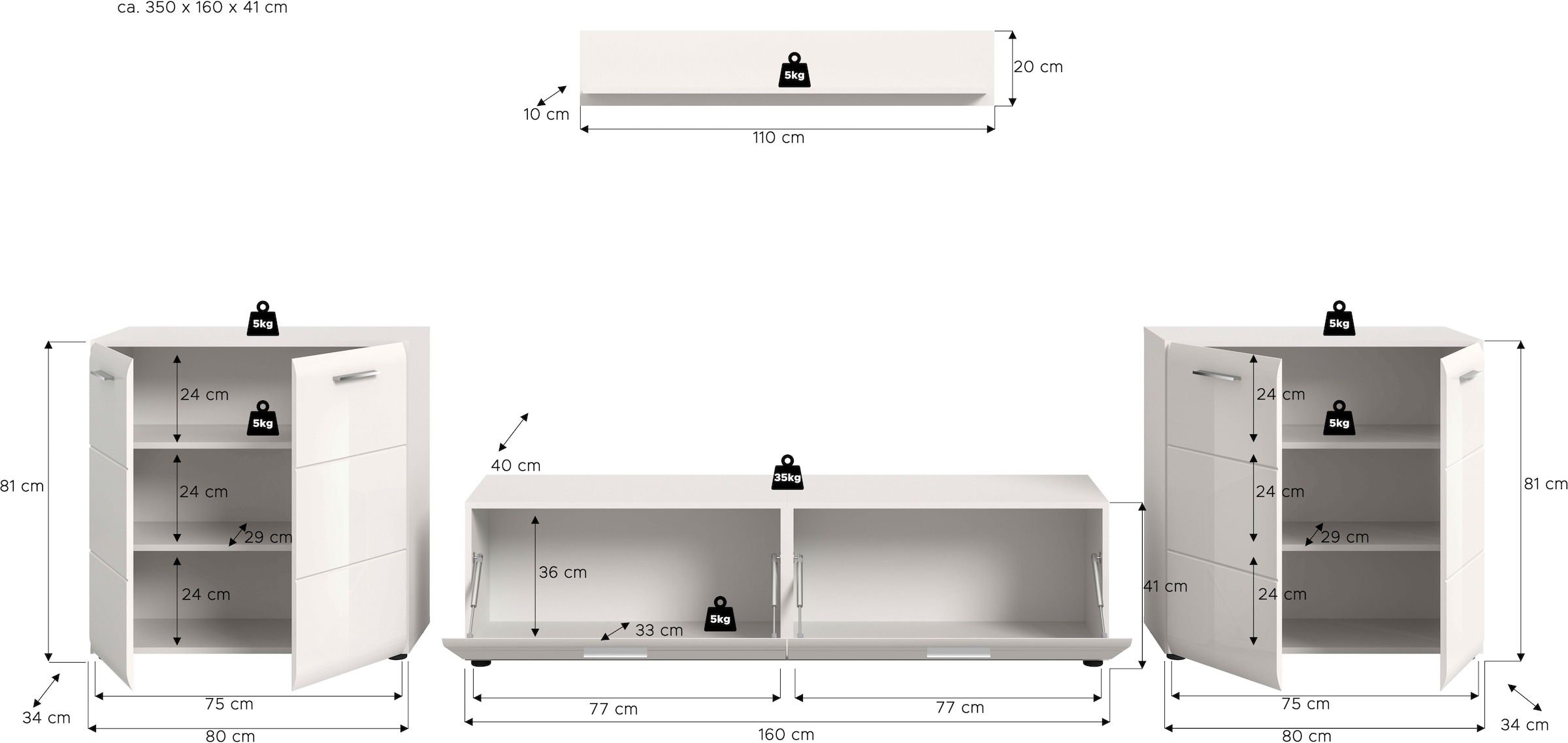 INOSIGN Wohnwand »FLORENZ, 4-teilige Wohn-Kombination, hochwertige MDF-Front« Set, Set, best. aus: 2 Kommoden, 1 Lowboard, 1 Wandboard, 4 Stk. tlg.