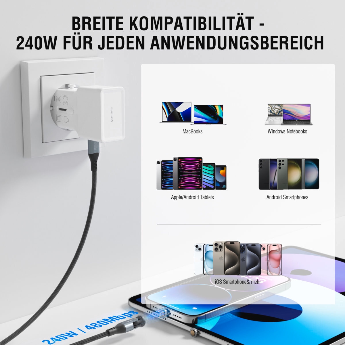 4smarts USB-Kabel »USB-C 540° Magnetkabel-Set GravityCord 240W« USB Typ C 180 cm