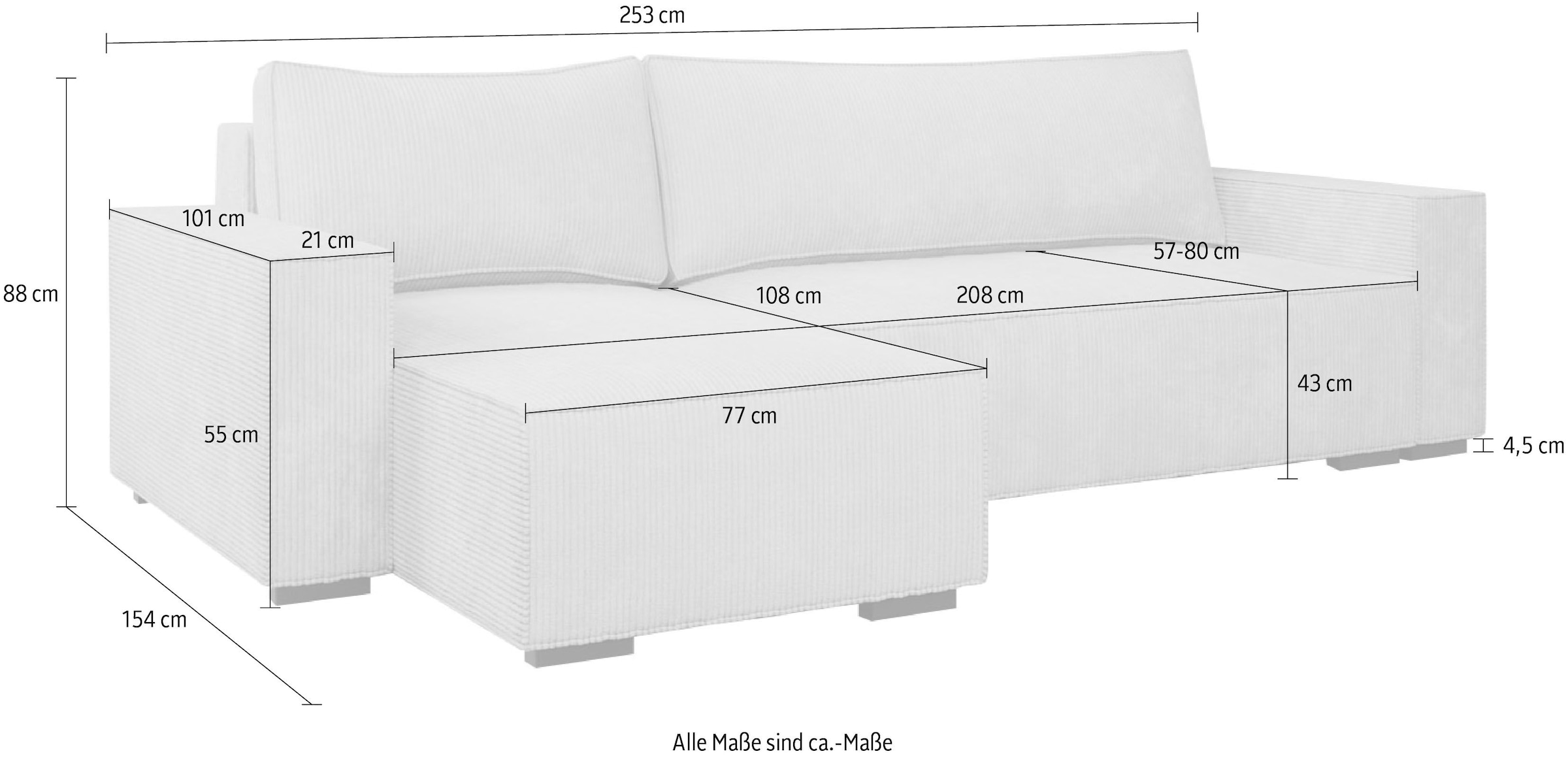 INOSIGN Ecksofa »Winton Cordsofa / Schlafsofa 253 cm«, Cord, Recamiere wechselbar, Schlaffunktion (130/208cm), Bettkasten