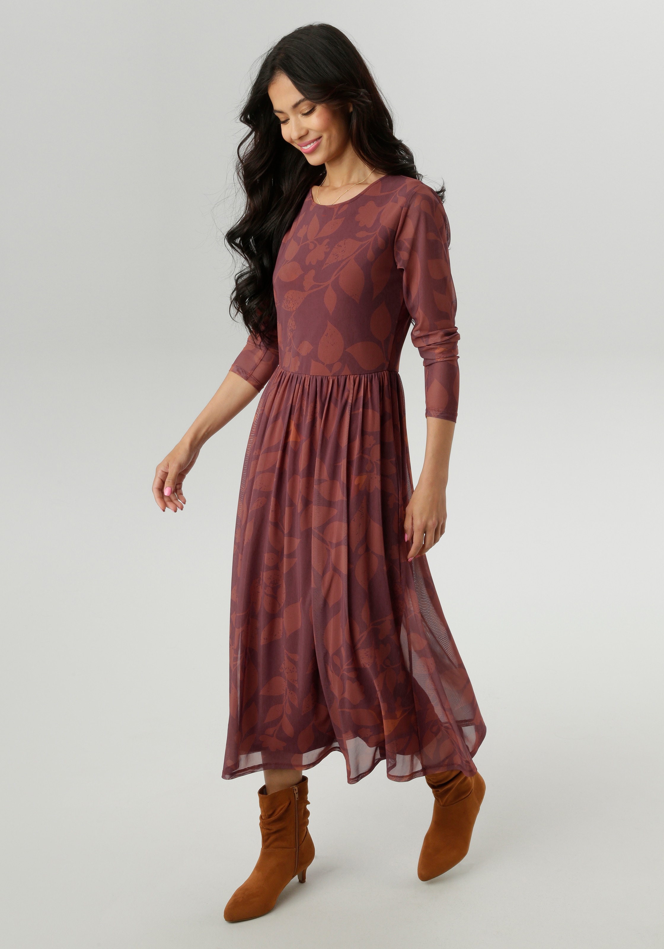 Aniston SELECTED Midikleid, mit floralem Blättermuster in warmen Brauntönen - NEUE KOLLEKTION