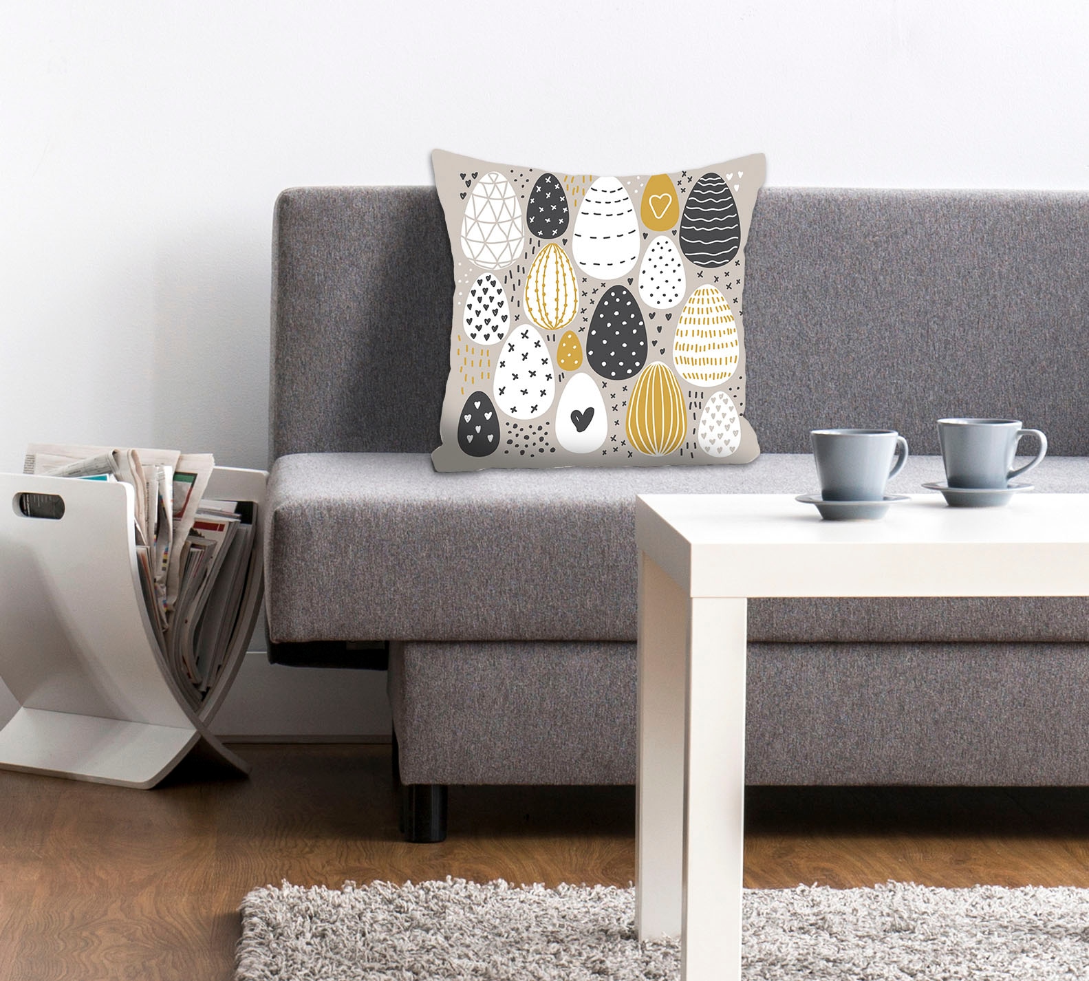 Dekokissen QUEENCE "Easteregg", gelb (weiß, senf, grau, bedruckt), B:40cm L:40cm