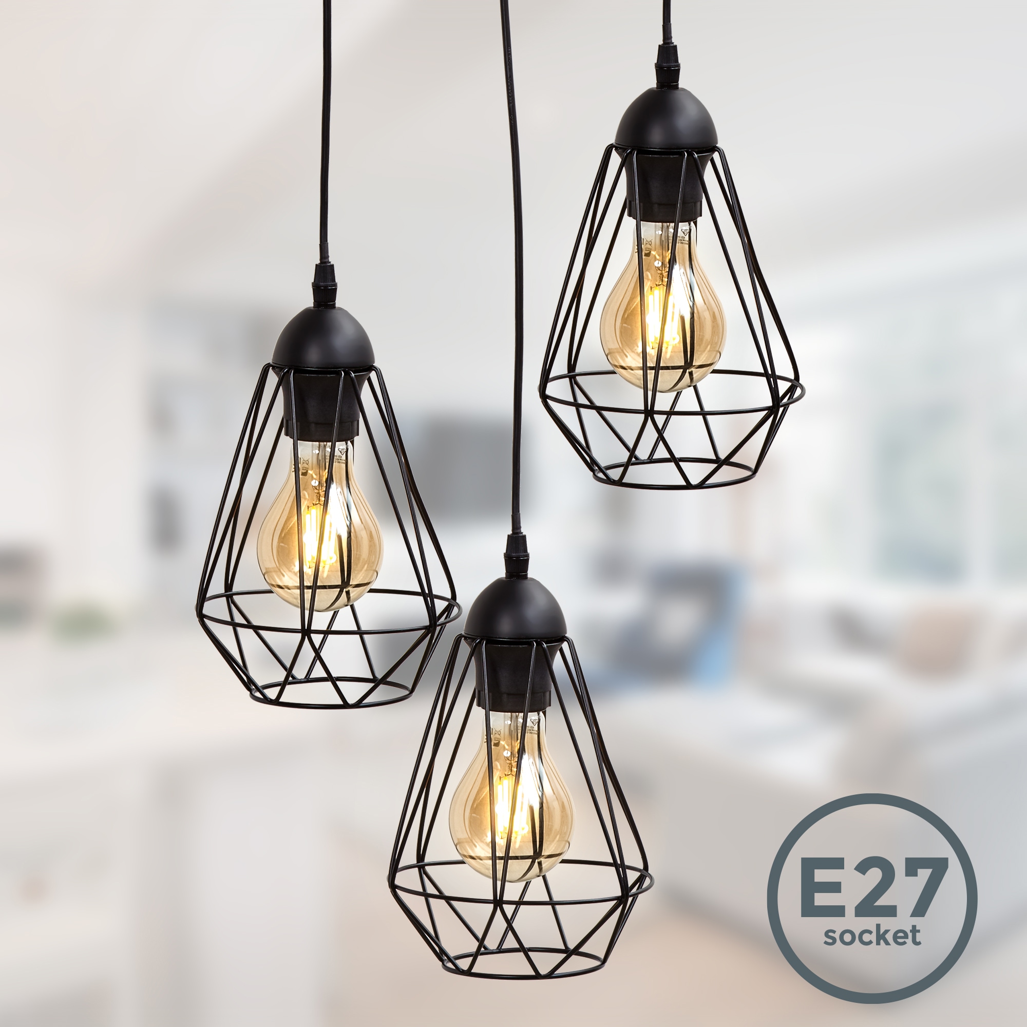 B.K.Licht Pendelleuchte, 3 flammig, Leuchtmittel E27 | ohne Leuchtmittel, Hängelampe, schwarz, Metall, Draht, Vintage, Retroleuchte, E27