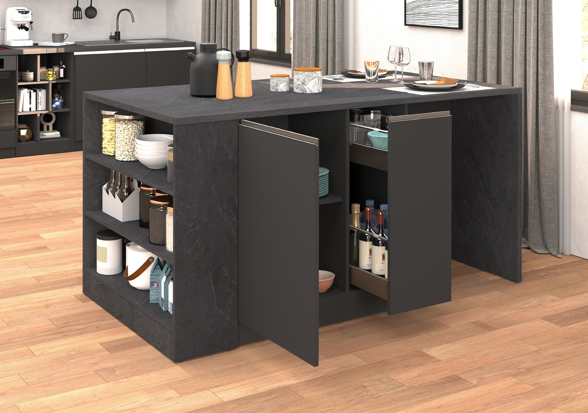 KOCHSTATION Kücheninsel »KS-Sole, Kochinsel, Küchenarbeitsblock, Arbeitsinsel, Made in Italy«, Breite 167,5 cm, 2 Apothekerauszüge, 2 Essplätze, 1 offenes Regal