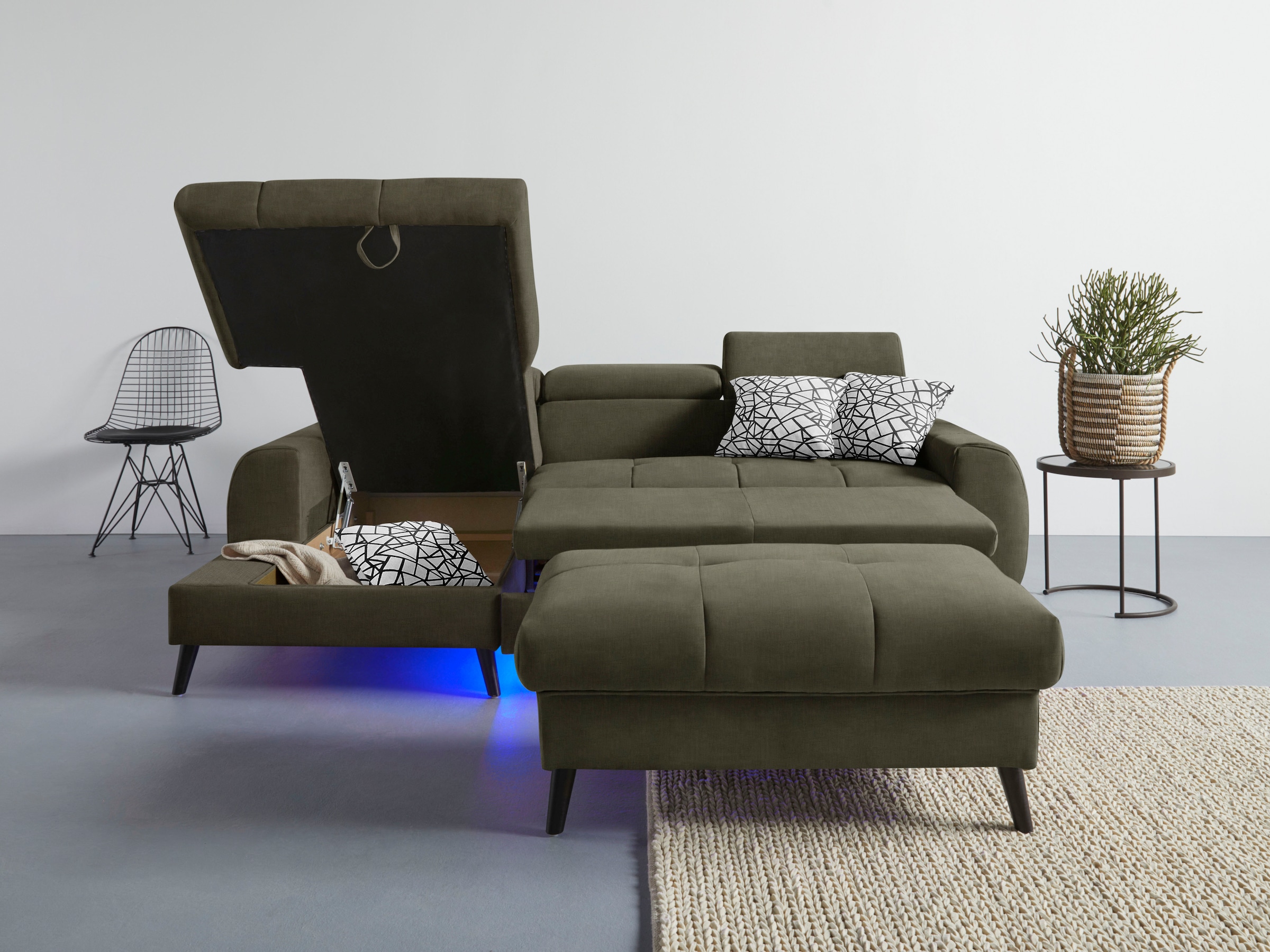 COTTA Ecksofa »Mia L-Form mit 3 Zierkissen«, wahlweise mit Bettfunktion, Bettkasten, Beleuchtung & Wireless-Charger