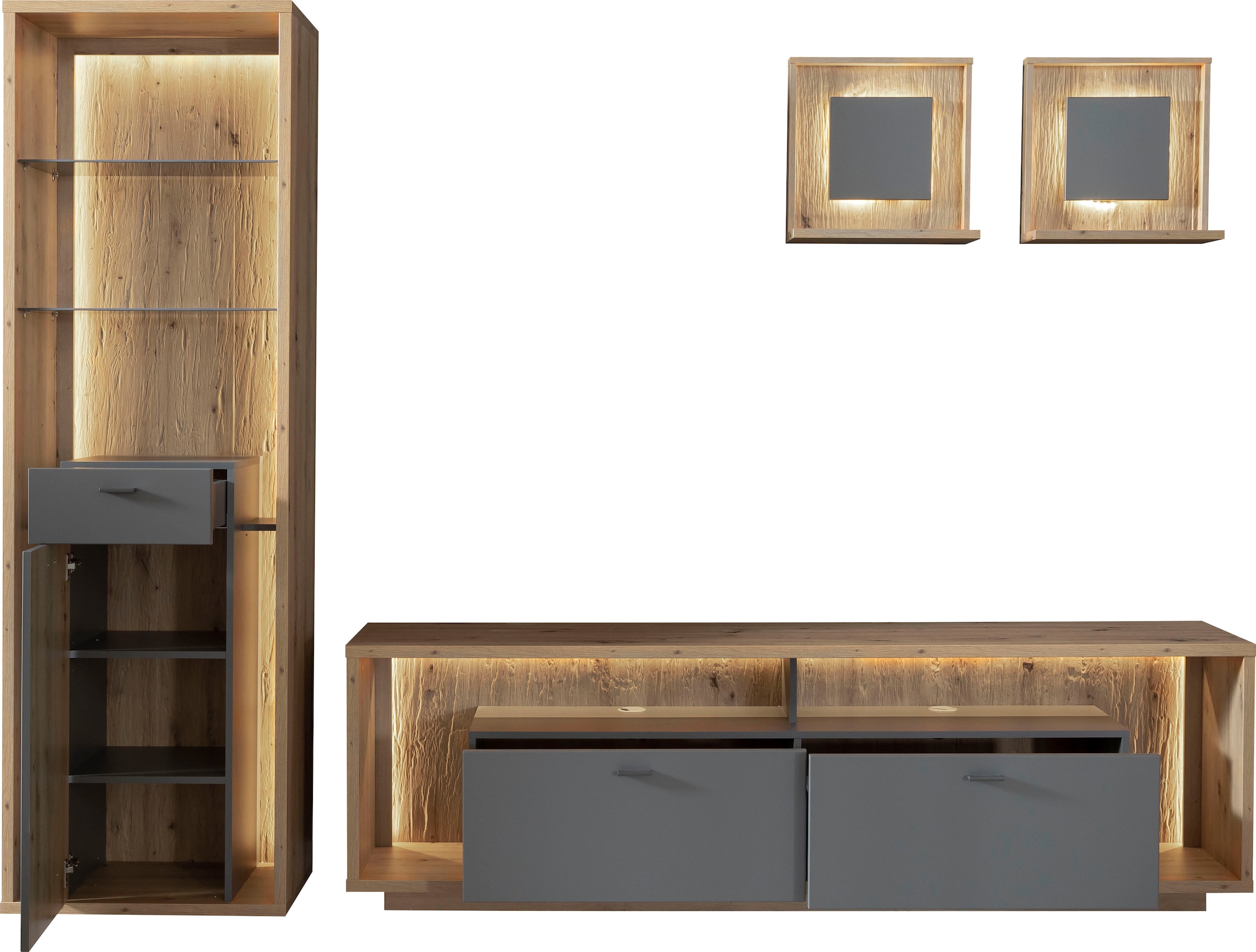 MCA furniture Wohnwand »Lizzano«, (Set, 4 St.), im modernen Landhausstil mit 3-D Rückwand, wahlweise mit Beleuchtung