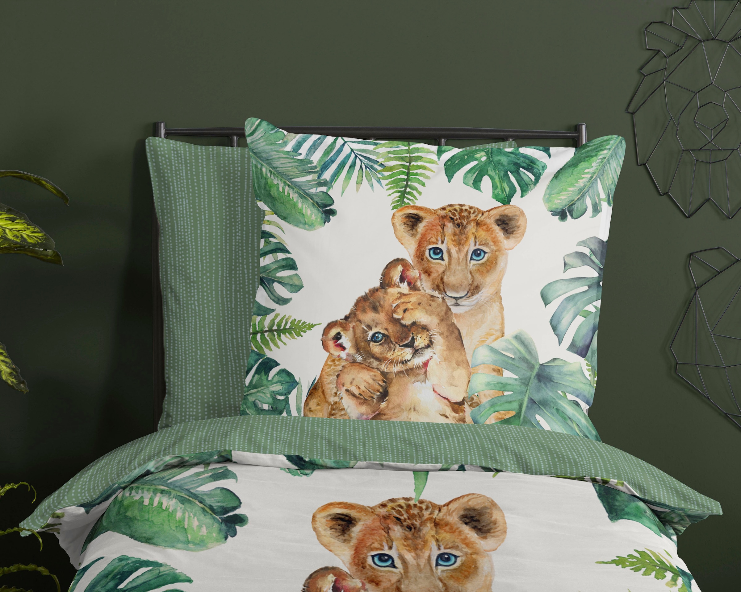good morning Kinderbettwäsche »Jungle«, 100% Baumwolle, 135x200, Reißverschluss, Wendeoptik, Kind, Löwe, Grün