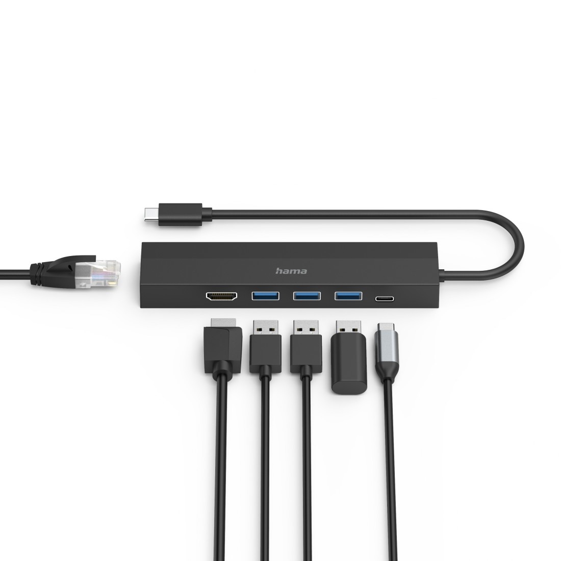 Hama USB-Adapter »USB-C Multiport Hub für Laptop mit 6 Ports, USB-A, USB-C, HDMI, LAN«, USB-C zu USB Typ A-USB-C-HDMI-RJ-45 (Ethernet), 15 cm, Laptop Dockingstation, kompakt, schwarz
