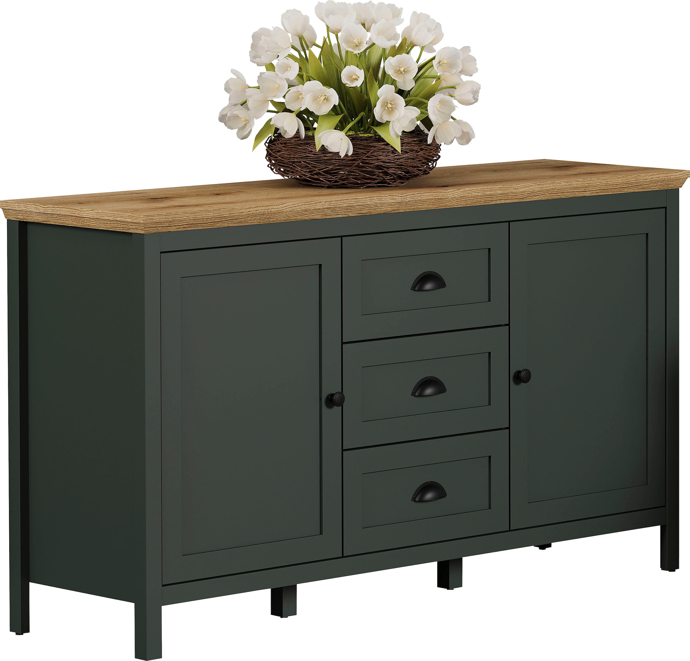 Home affaire Sideboard »Vienna«, Kommode im Landhausstil mit Muschelgriffen - 3 Schubladen und 4 Fächer
